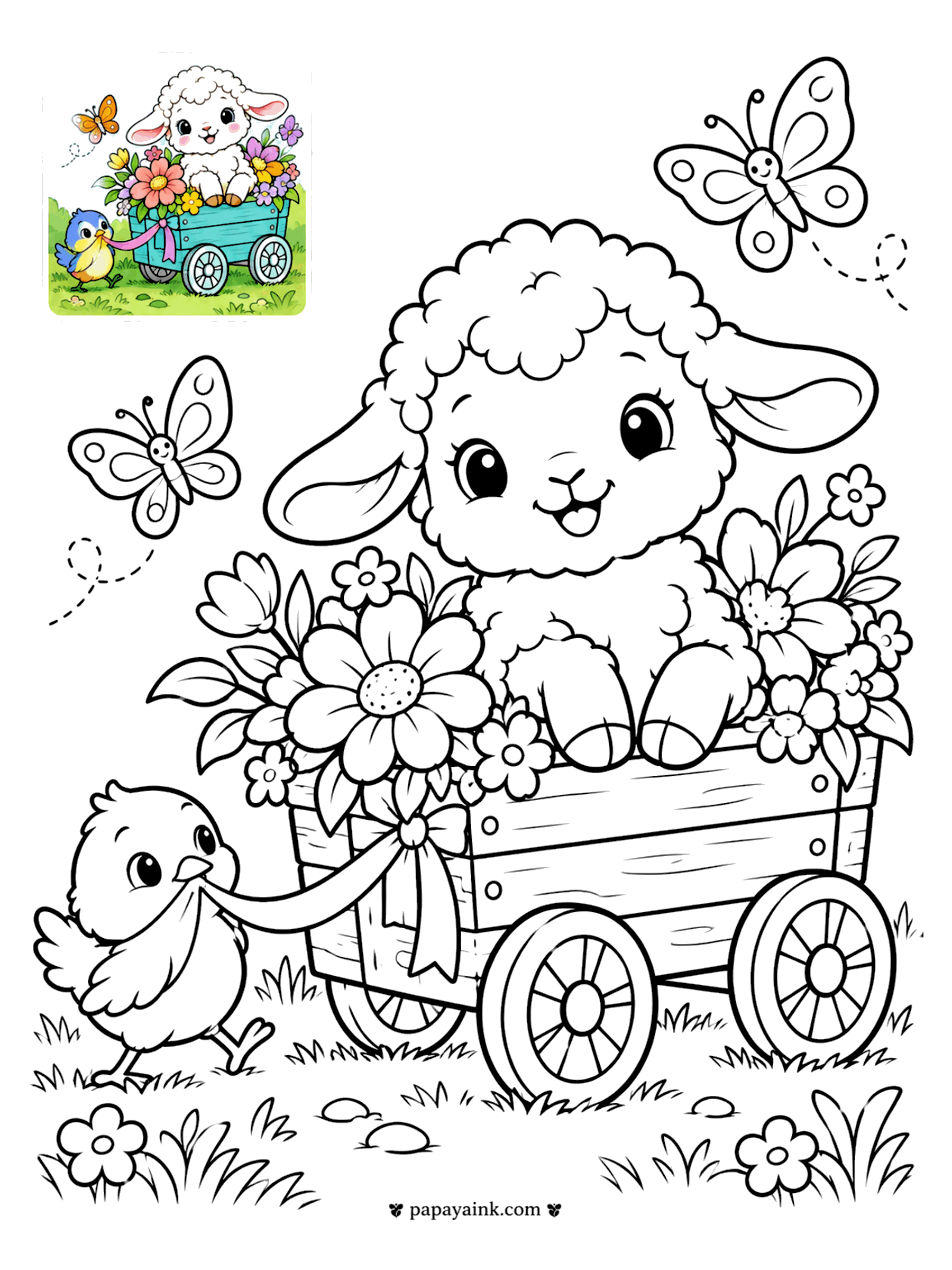 Color Guide Coloring Pages - Color guide coloring page of a lamb riding in a wagon of flowers pulled by a little bird, with butterflies
