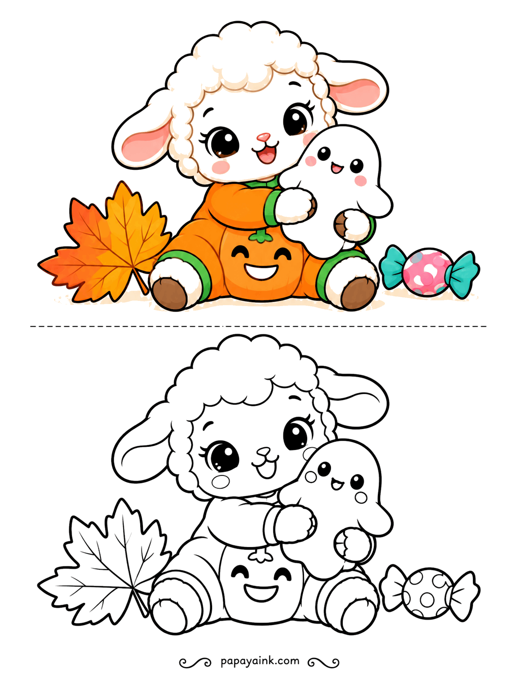 Easy Cute Halloween Coloring Pages - The lamb's pumpkin onesie has a jack-o-lantern face stitched on the tummy, and she is hugging a plush ghost like it is the best gift of the night. Curly wool, an autumn leaf and a wrapped candy round it out.