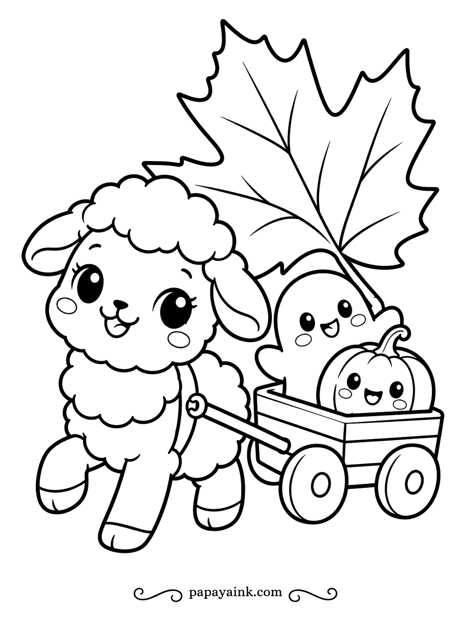 Easy Cute Halloween Coloring Pages - The lamb pulls a wooden wagon with a ghost and a small pumpkin riding along, a huge maple leaf held overhead like a sail. Curly wool takes a light touch - shade only the dips between the curls.