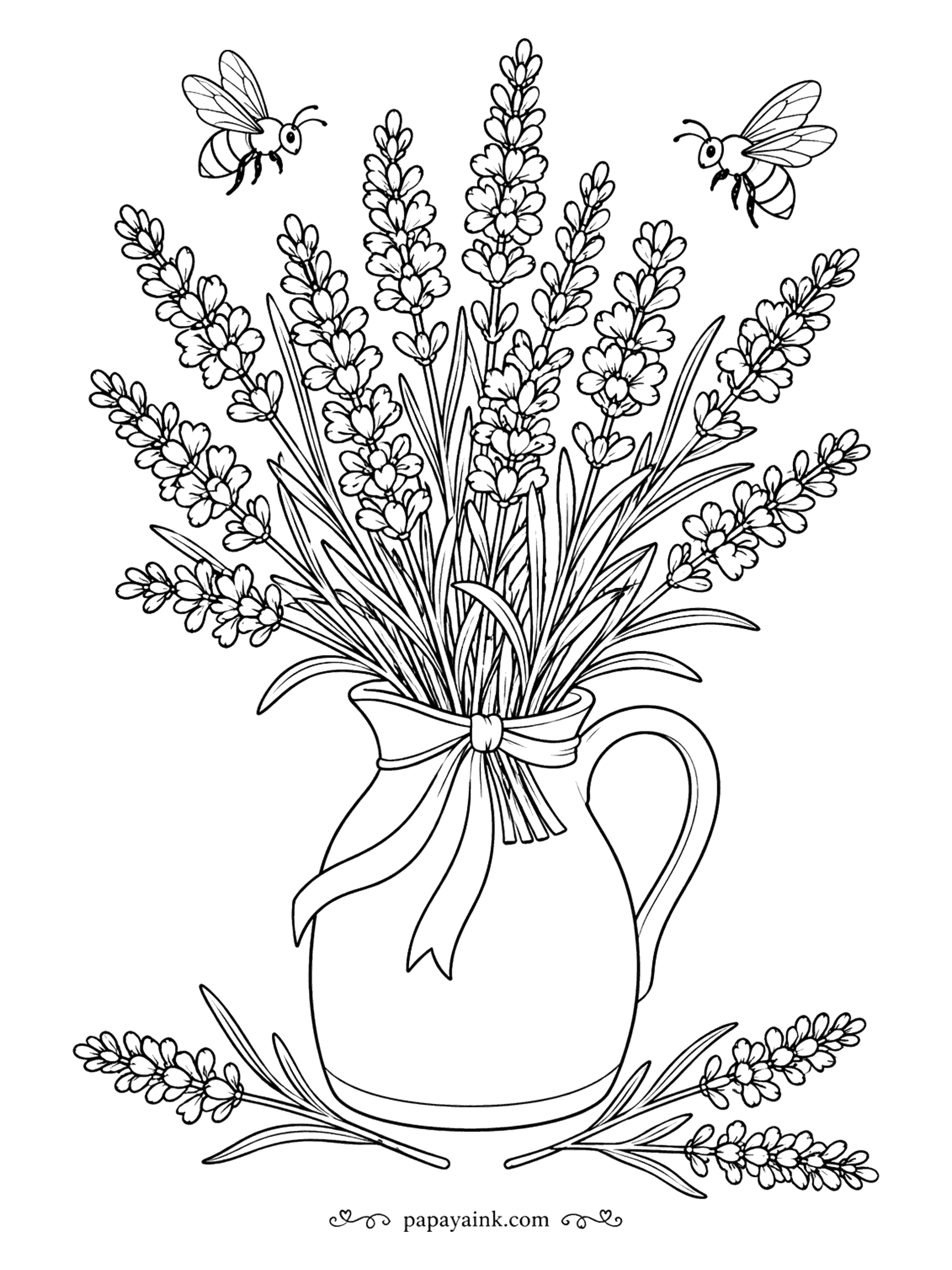 Flower Coloring Pages - Two bees have followed this bunch of lavender indoors and are not leaving. The stems sit in a jug tied with a ribbon, a few loose sprigs on the table. Purple spikes, gray-green leaves - a soft, calm page.