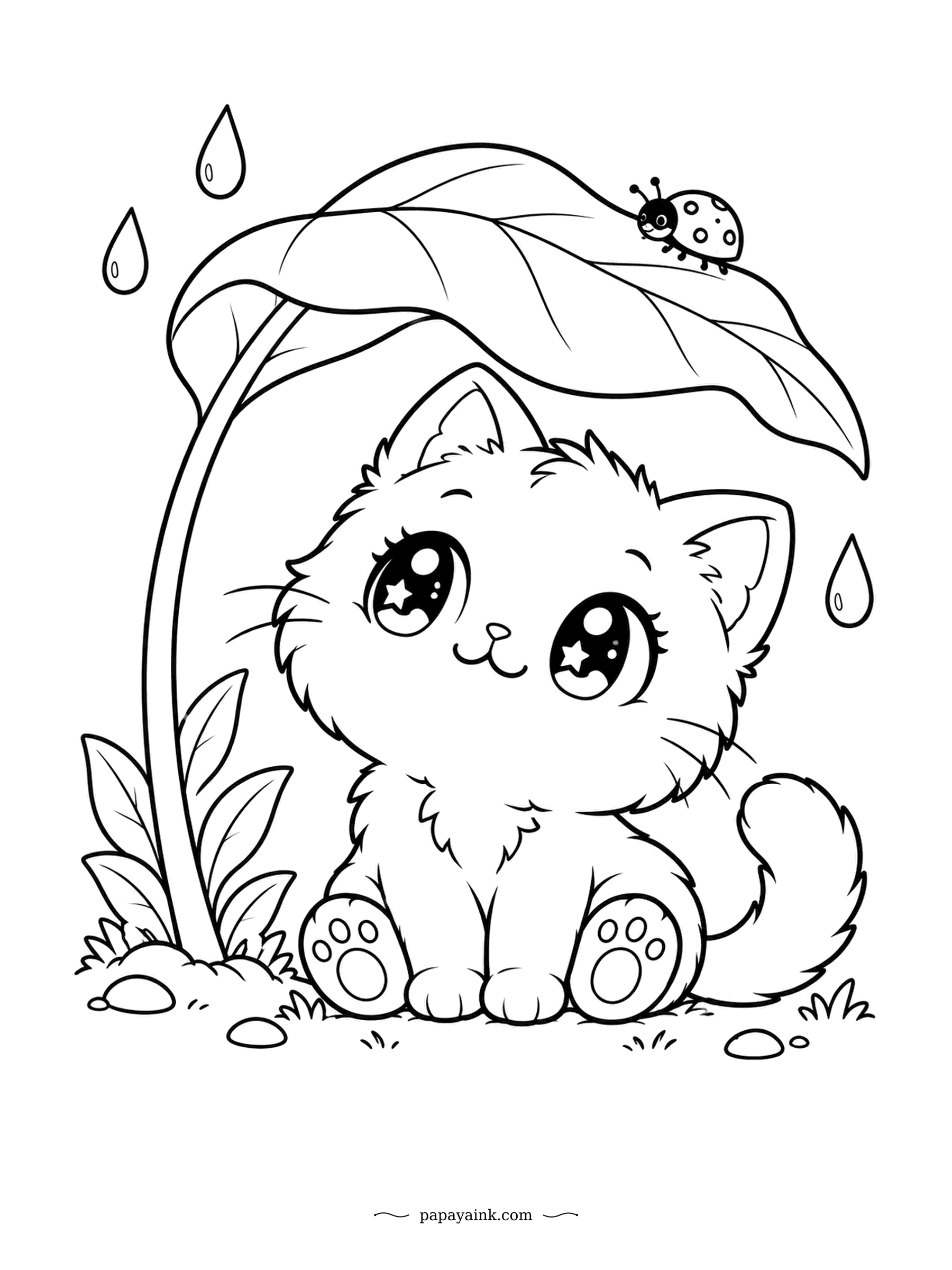 Kawaii Cat Coloring Pages - Raindrops fall, but this one stays perfectly dry under a giant leaf, sharing the shelter with a ladybug on top. Starry sparkles shine in its eyes. Simple shapes with lots of white space - an easy page.
