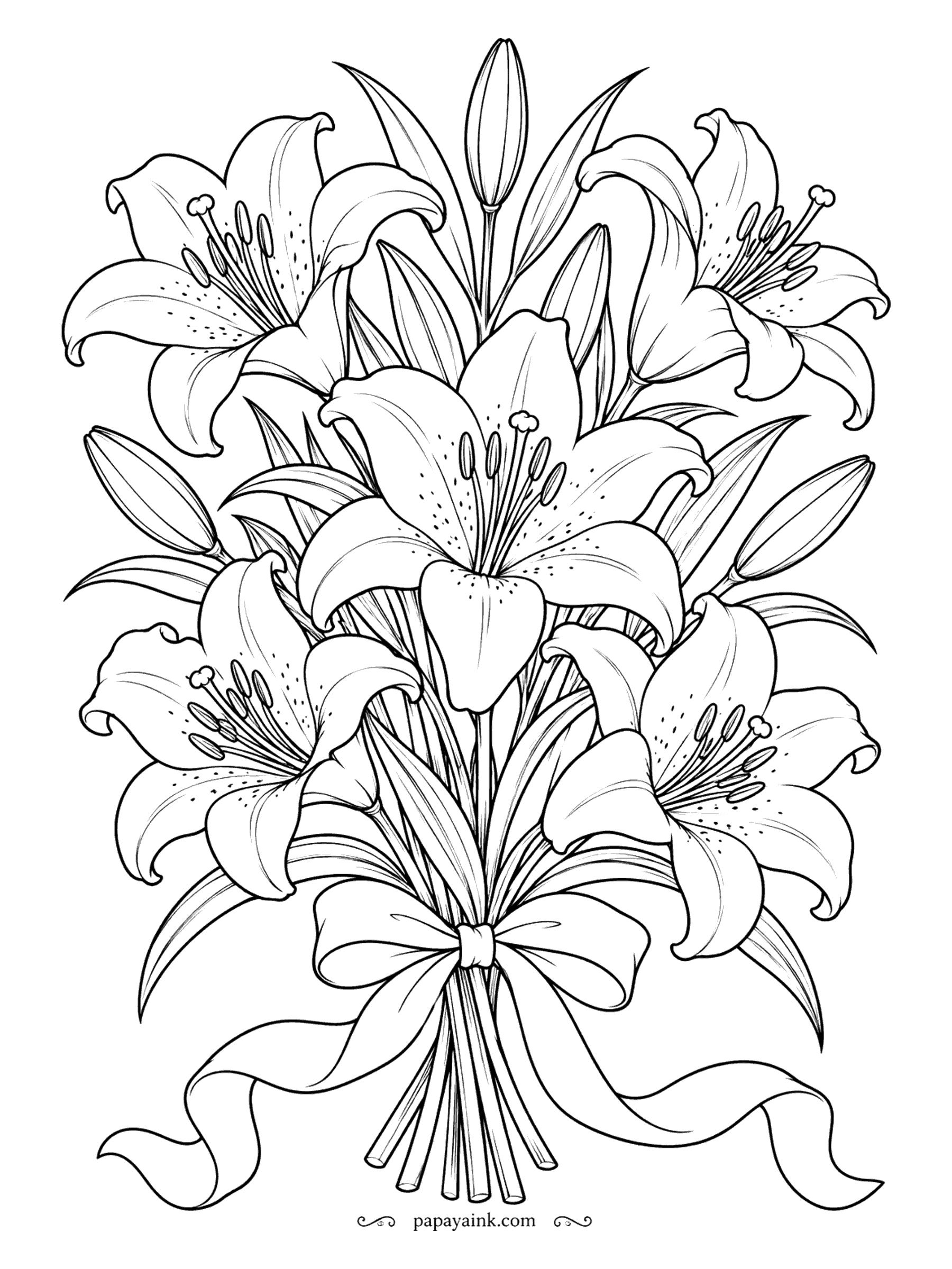 Flower Coloring Pages - Florists often pluck the stamens out of stargazer lilies, because the pollen stains everything it touches. These stay in, freckled petals and all, tied with a satin ribbon. Deep pink spots look right.