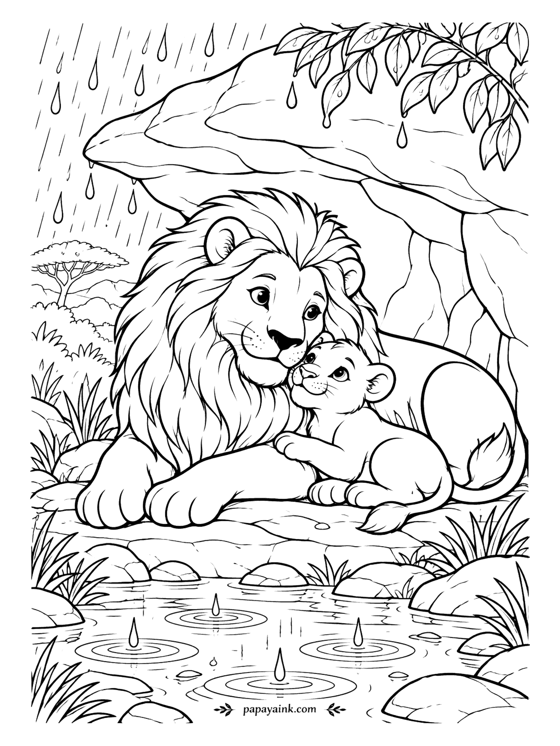 Lion Coloring Pages - Rain on the savanna, and the best seat is under a slab of rock next to a very large, very warm mane. The cub leans in while the drops ring the pond below. Try cool grays outside the shelter and warm golds inside it.