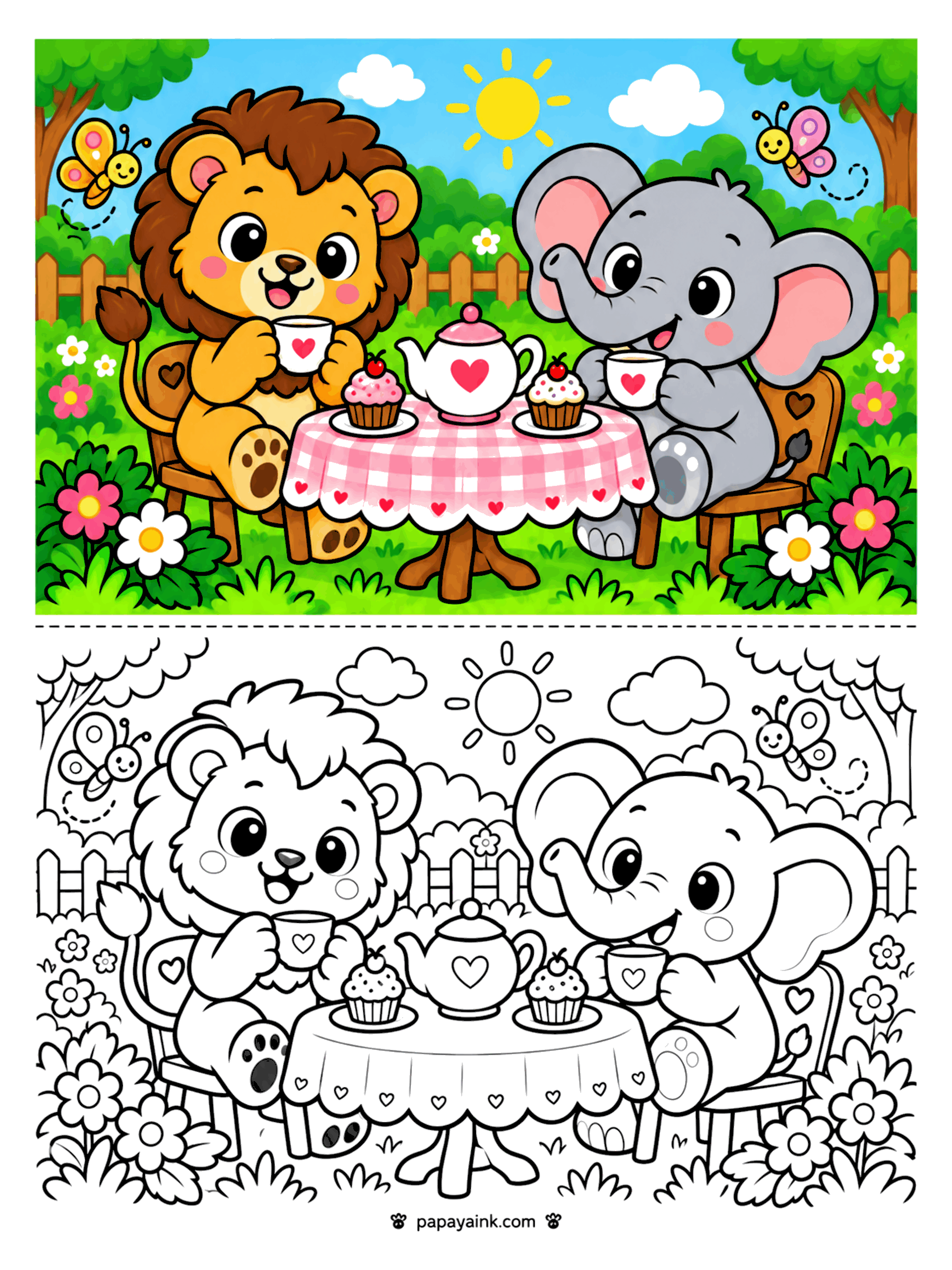 Lion Coloring Pages - Lion cub and elephant having a garden tea party with a heart teapot, cupcakes, and a checkered tablecloth (Detailed)