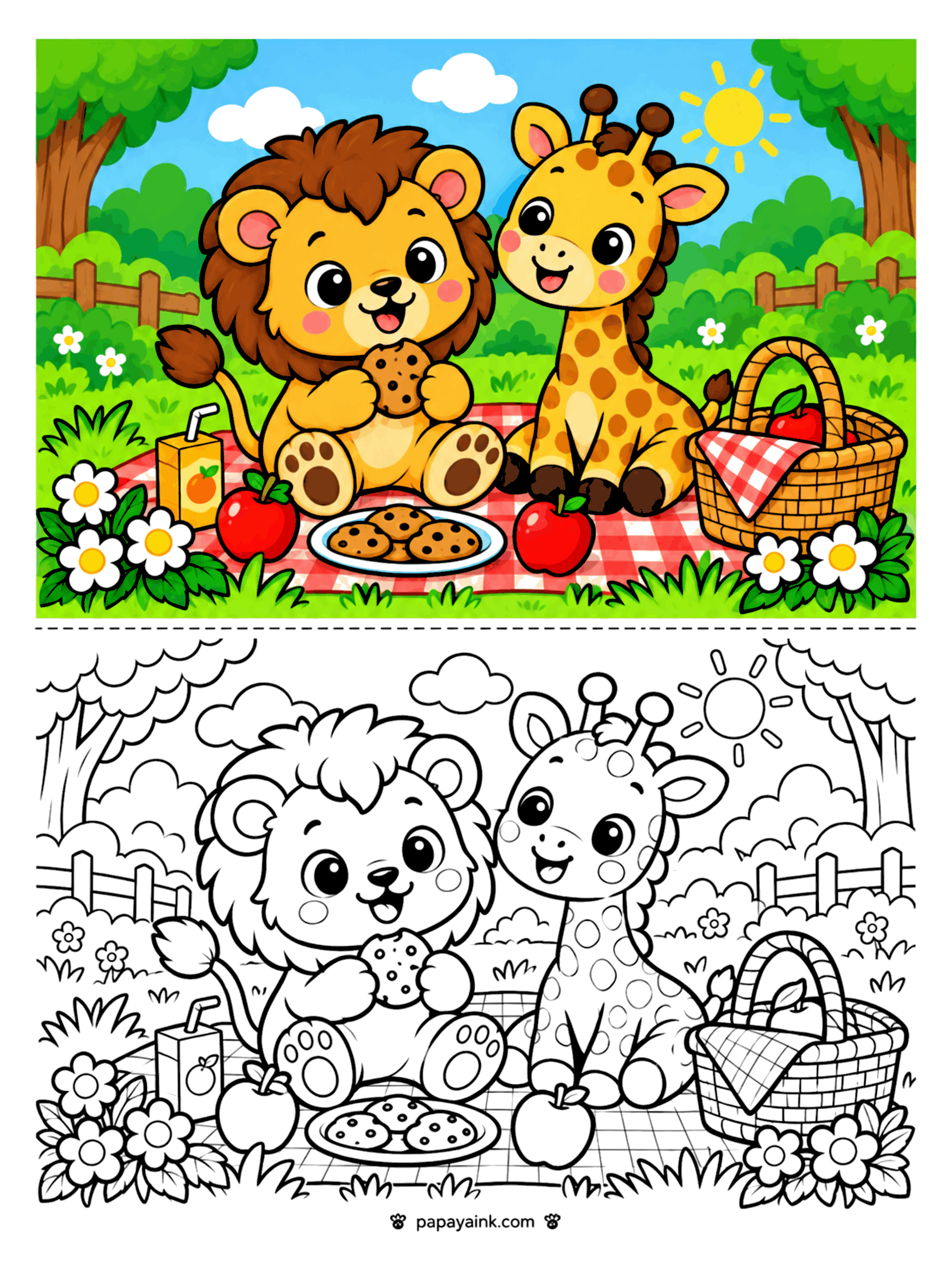 Lion Coloring Pages - Lion cub and giraffe sharing cookies, apples, and juice on a picnic blanket with a basket