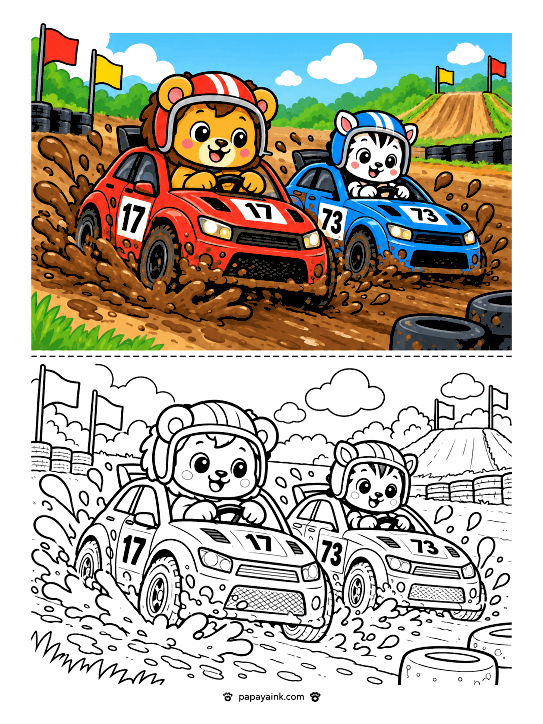 Race Car Coloring Pages - A lion cub and a kitten in helmets racing mud-splattered cars on a dirt track.
