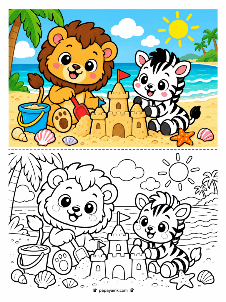 Lion Coloring Pages - Lion cub and a zebra foal building a sandcastle on a sunny beach with a bucket, shovel, seashells, and a starfish (Detailed)