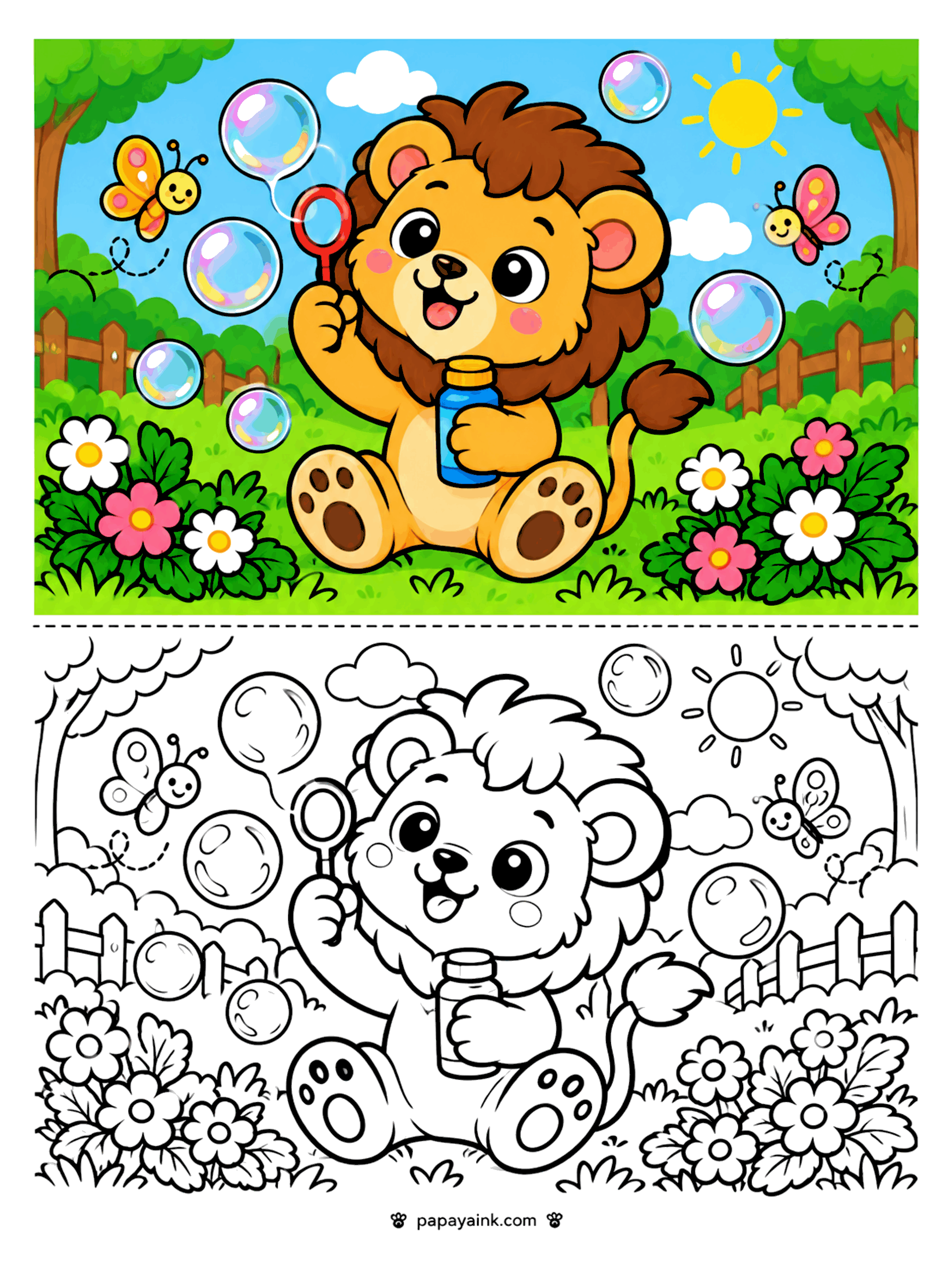 Lion Coloring Pages - Lion cub blowing soap bubbles in the garden with butterflies floating around