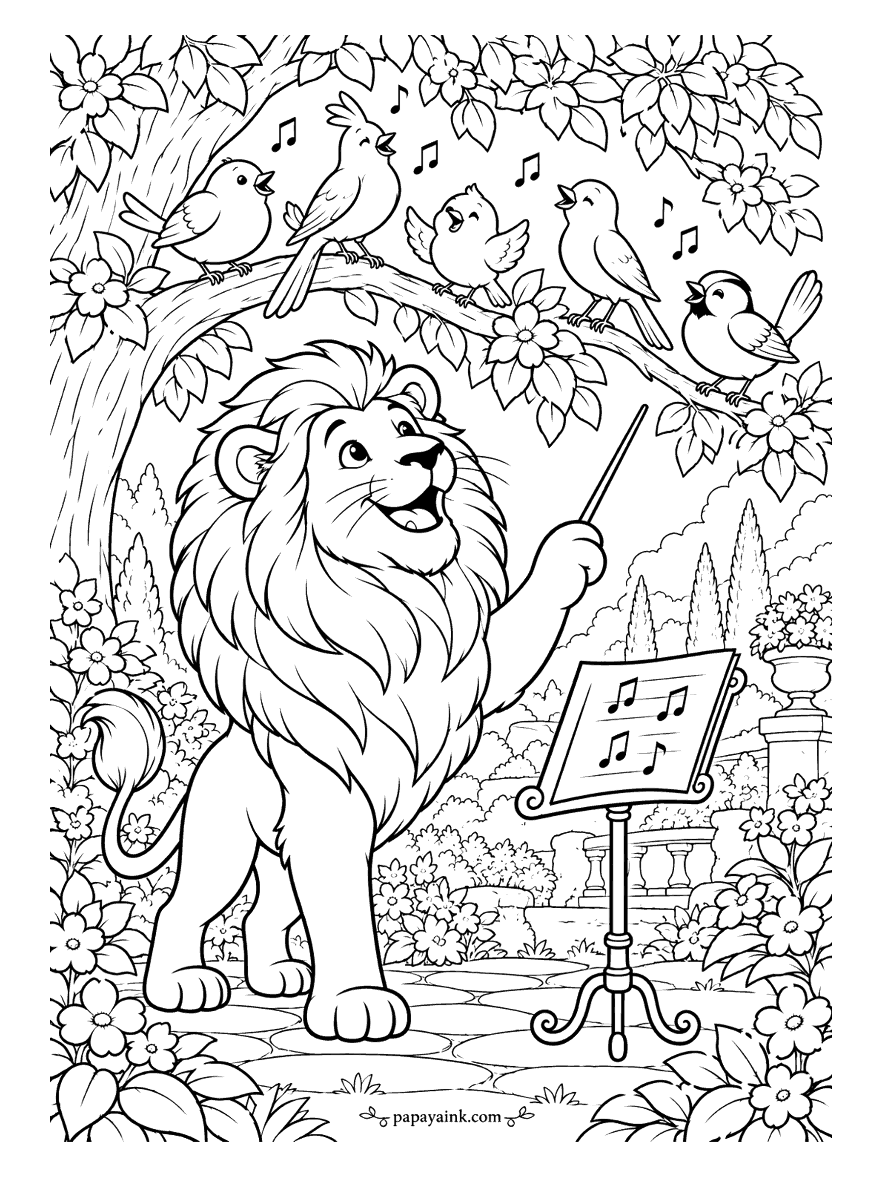 Lion Coloring Pages - Five birds on one branch, a single baton, and a conductor who sings louder than his choir. The score sits on a music stand in a garden full of blossoms. Detailed - and every bird can be a different species if you say so.