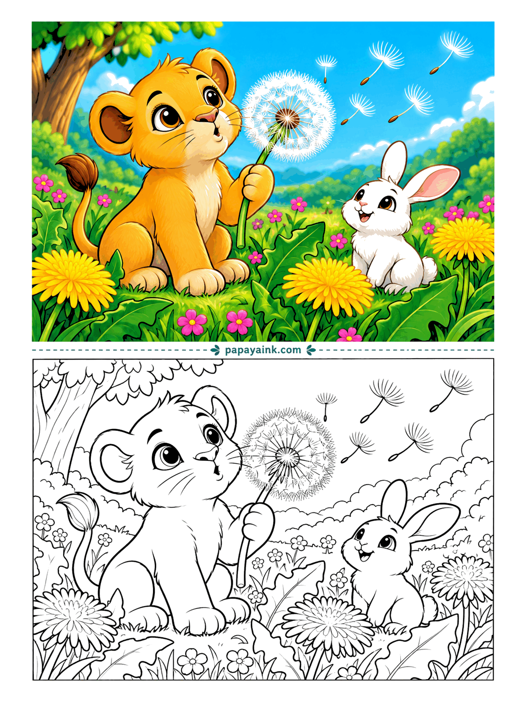 Lion Coloring Pages - One deep breath and the dandelion clock is half gone, seeds sailing off on their own parachutes. The white bunny watches them go. Leave the fluffy head almost uncolored - a touch of gray is enough - and put the yellow into the blooms below.