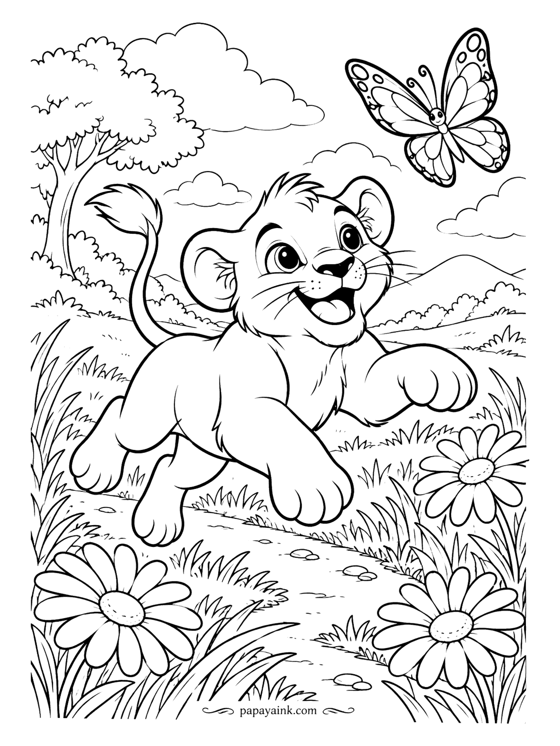 Lion Coloring Pages - Full speed, every paw off the ground, and the butterfly is still winning. The path runs between daisies as big as the cub's head. Open shapes almost everywhere, plus one pair of patterned wings for fine work.