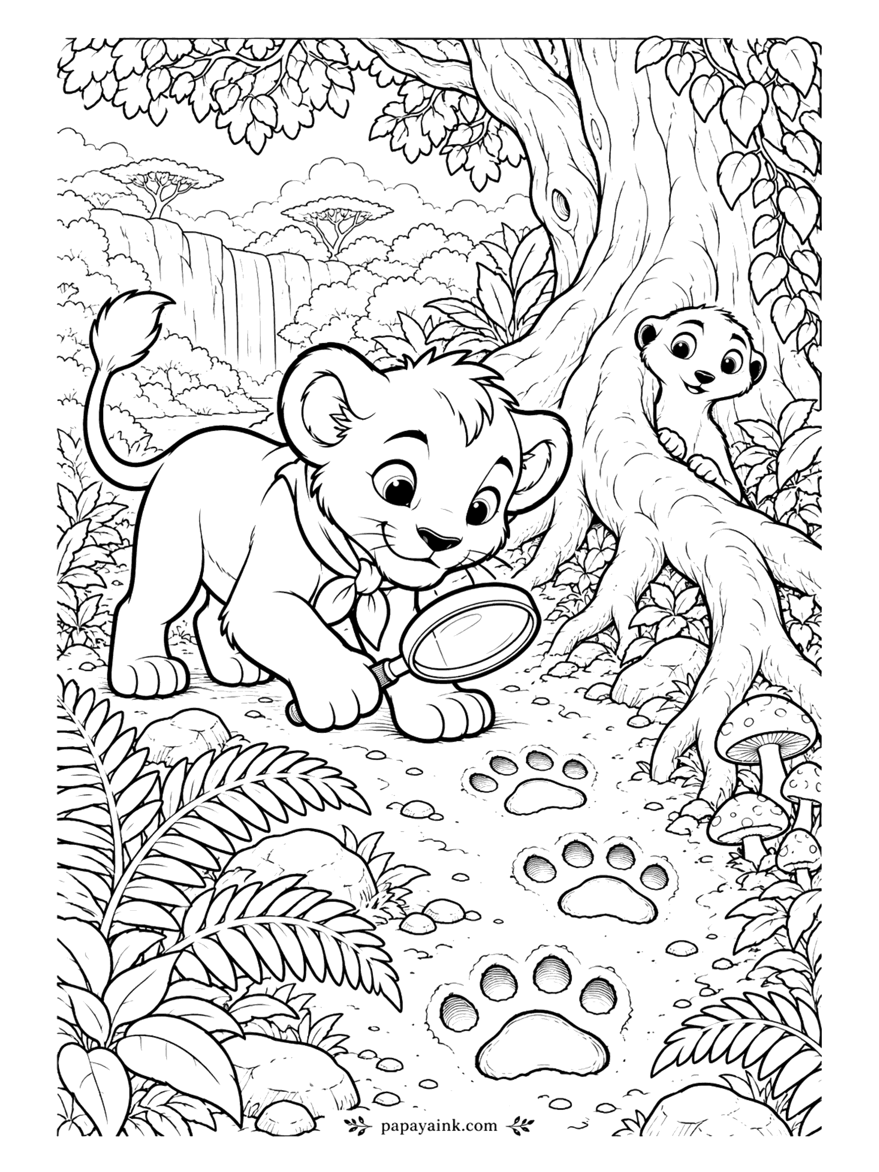 Lion Coloring Pages - A trail of paw prints, a magnifying glass and a detective on the case. The meerkat behind the tree roots could point out that the prints are the detective's own, but is enjoying this too much. Detailed, with ferns, vines, mushrooms and a distant waterfall.