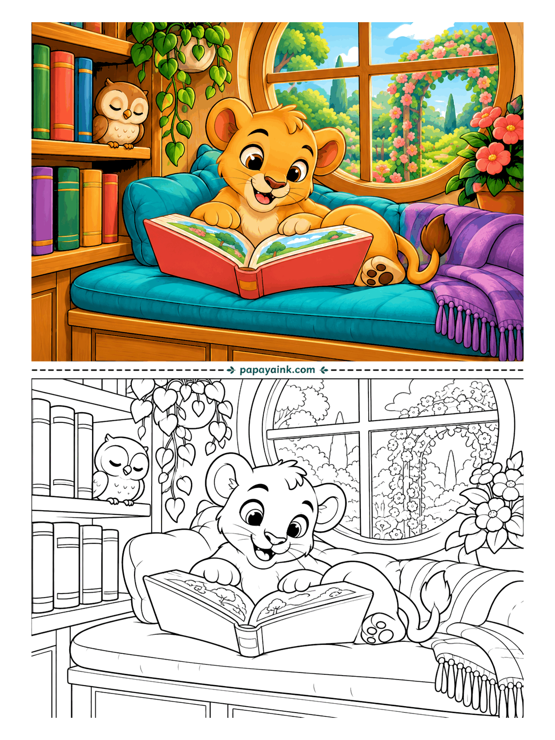 Lion Coloring Pages - Window seat, cushions and a picture book big enough to hide behind. The owl on the shelf was listening and has dozed off. A row of book spines is a chance to use the colors that never get picked.