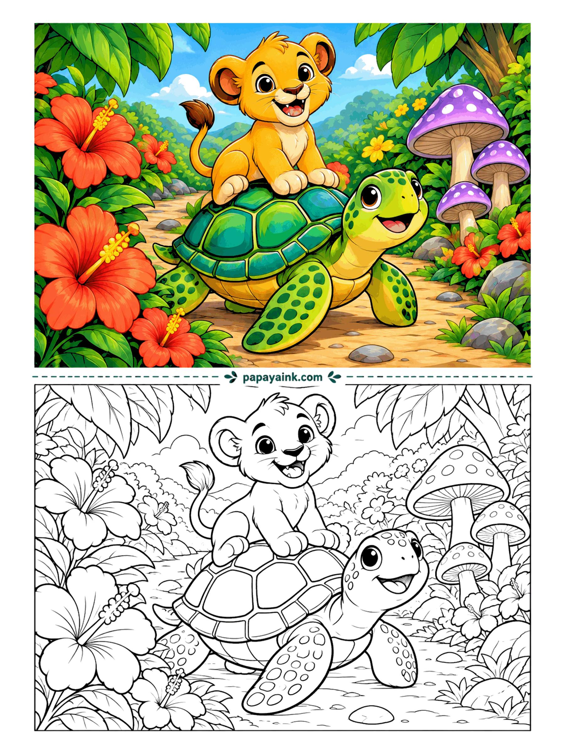 Lion Coloring Pages - The slowest taxi on the jungle path, and the passenger could not be happier about it. A spotted turtle carries the cub past giant hibiscus and purple-capped mushrooms. The shell plates are a fine place to mix several greens.