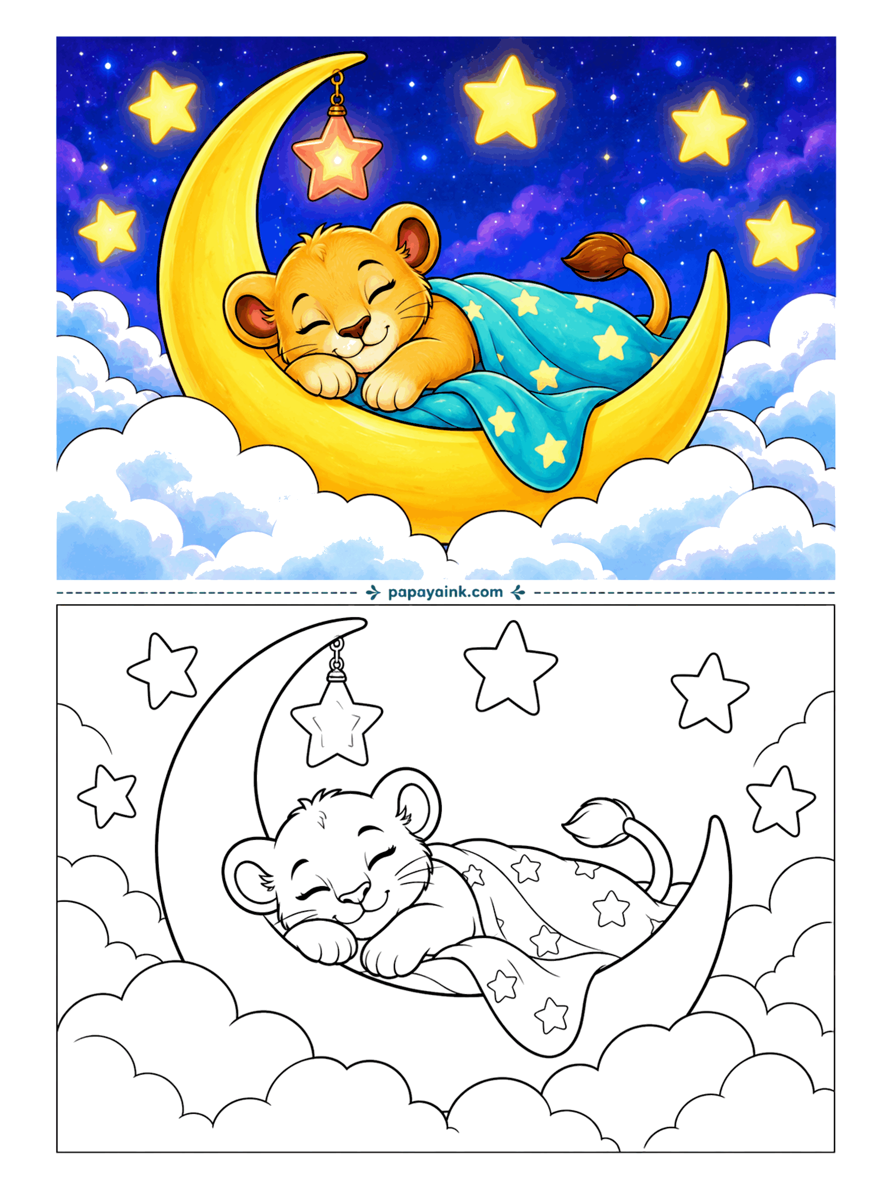 Lion Coloring Pages - Asleep in the curve of the moon, tucked under a starry blanket, with a small lantern star keeping watch overhead. Clouds pile up softly below. Very simple shapes - a calm page for the evening, and the night sky can go as dark as you like.