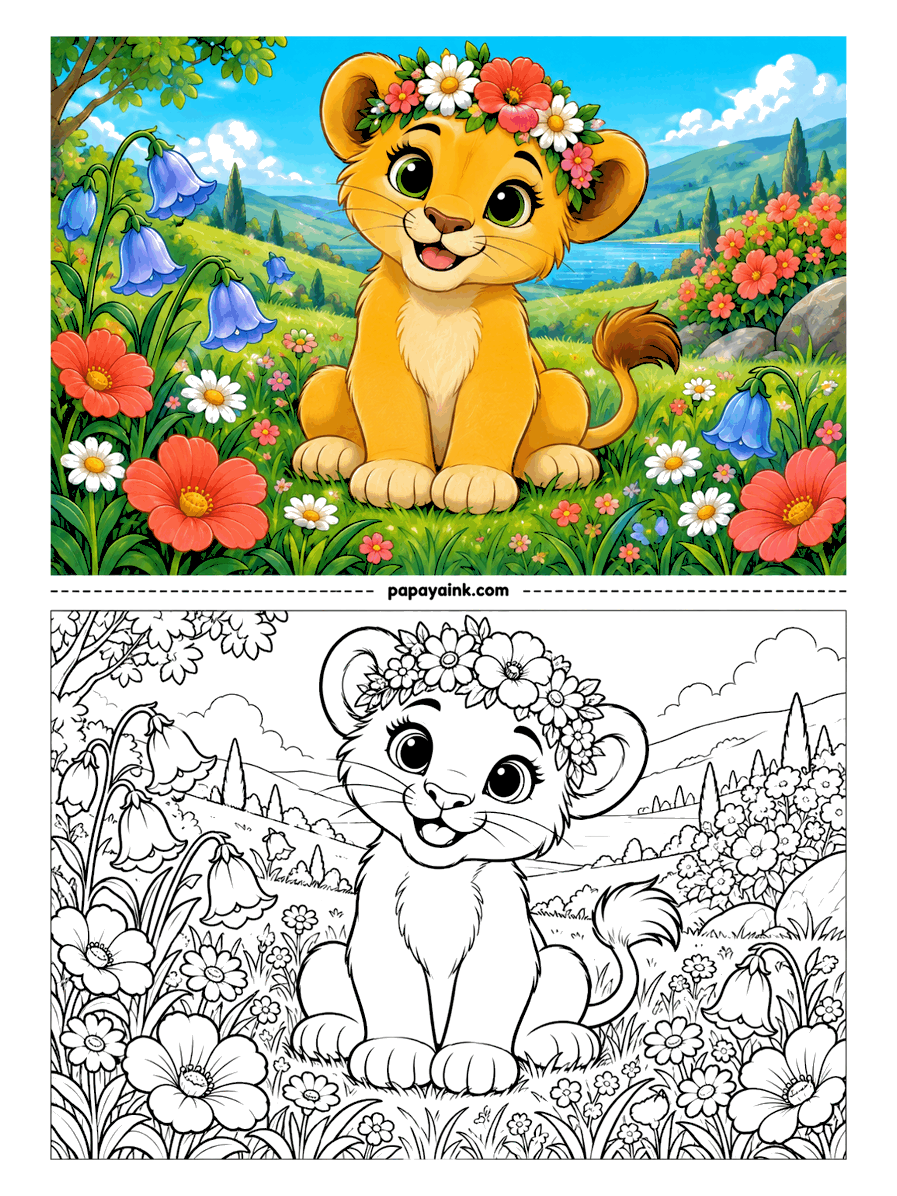 Lion Coloring Pages - A crown of daisies and garden blossoms, worn slightly to one side, on a cub who knows it suits her. Bellflowers lean in from the left and the meadow runs down to a lake. Plenty of petals - a good page for trying every pencil once.