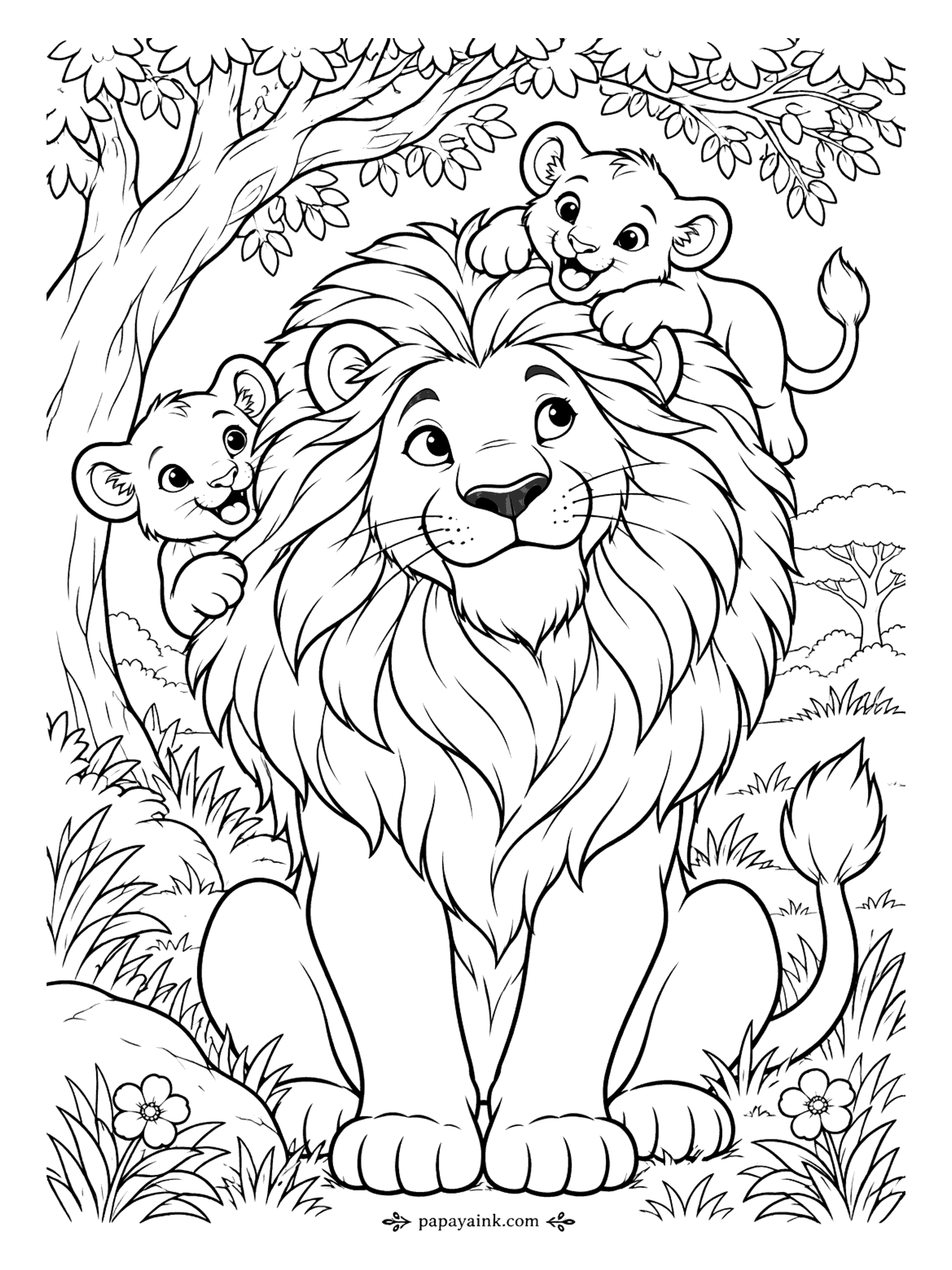 Lion Coloring Pages - Hide-and-seek has one rule: the mane counts as a hiding place. One cub peeks out from behind it, the other has climbed on top, and the lion pretends he has no idea where anyone went. Start with the mane - it is most of the page.