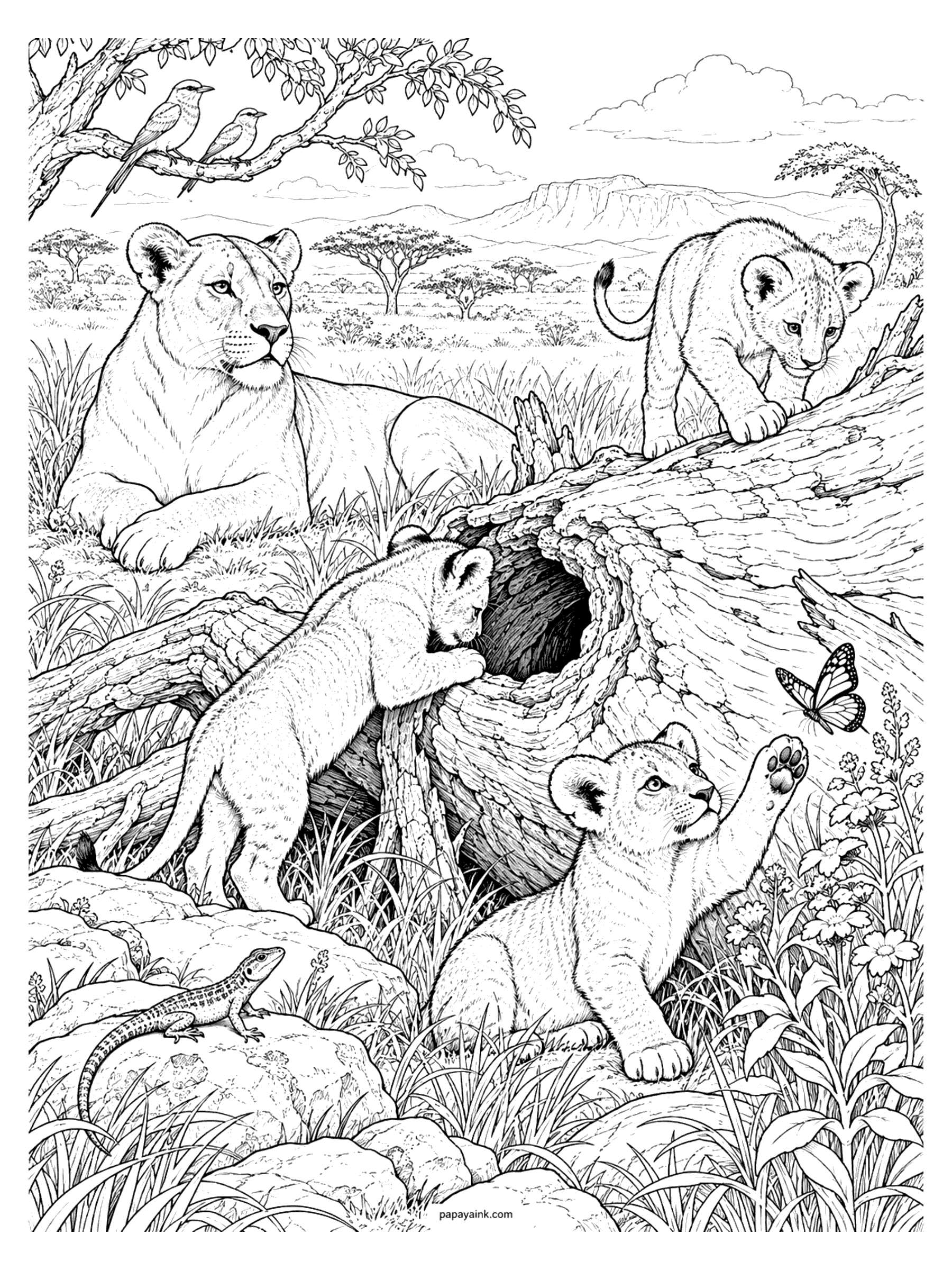 Lion Coloring Pages - Lion cubs climbing a hollow log and swatting at a butterfly while the lioness rests nearby, with a lizard on the rocks and birds on a branch (Detailed)