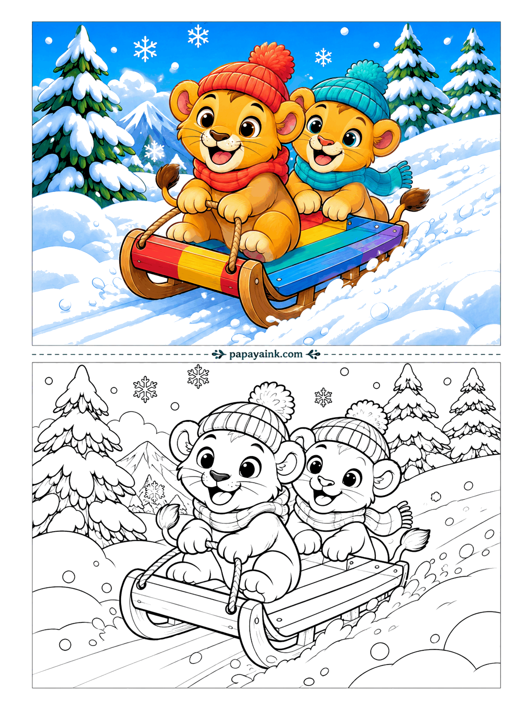 Lion Coloring Pages - A sled built for one, carrying two, on a hill steep enough to make the snow fly. Bobble hats and scarves stay on, mostly. Leave the snow white, as the sample does, and give each plank of the sled its own color.