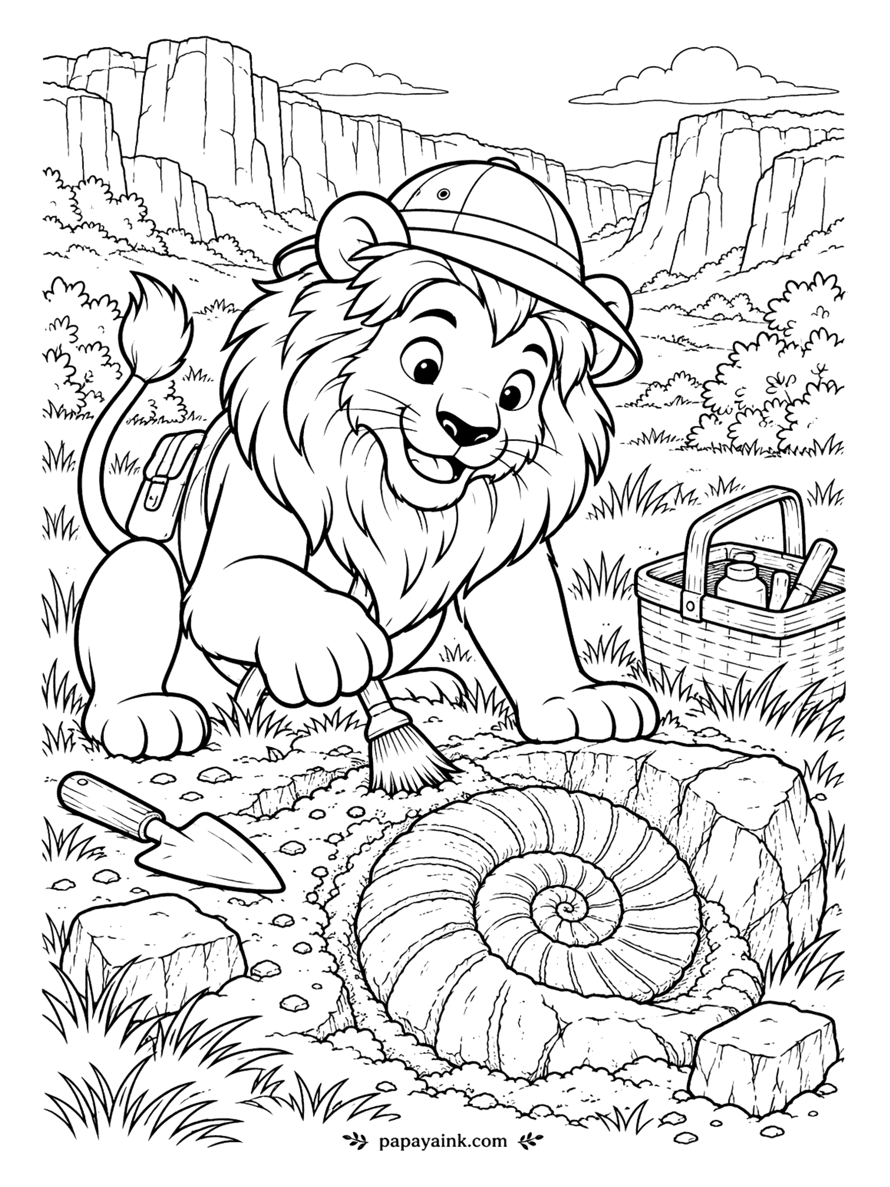 Lion Coloring Pages - Pith helmet on, brush in paw, and out of the dirt comes an ammonite older than every lion that ever lived. The trowel and the tool basket wait their turn. Detailed - canyon walls in the back and a shell made of dozens of ribbed segments.