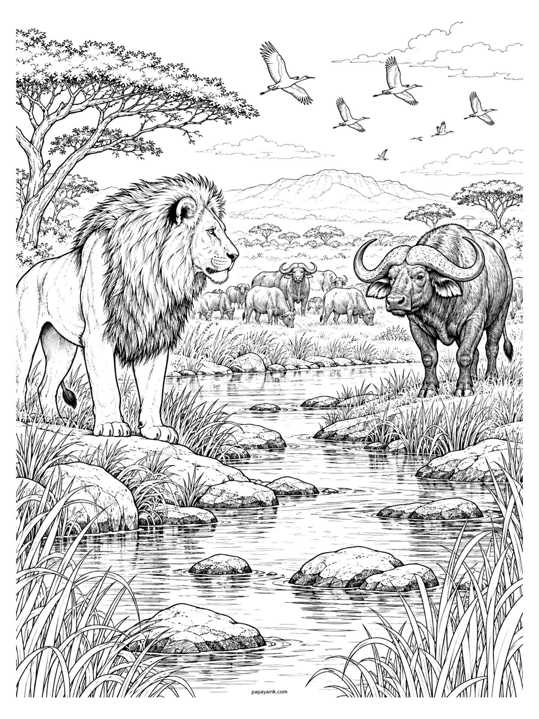 Lion Coloring Pages - Male lion and a Cape buffalo eyeing each other across a rocky stream with the herd grazing behind and cranes flying overhead (Detailed)