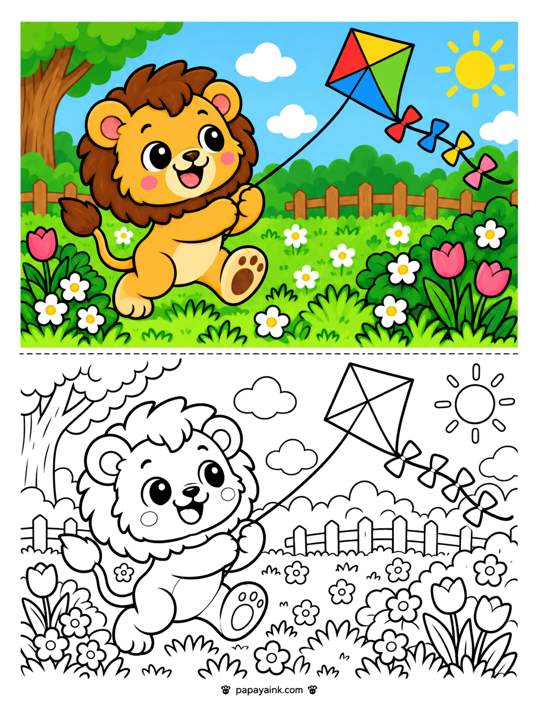 Lion Coloring Pages - Lion cub running through a meadow of tulips and daisies flying a kite with a bow tail