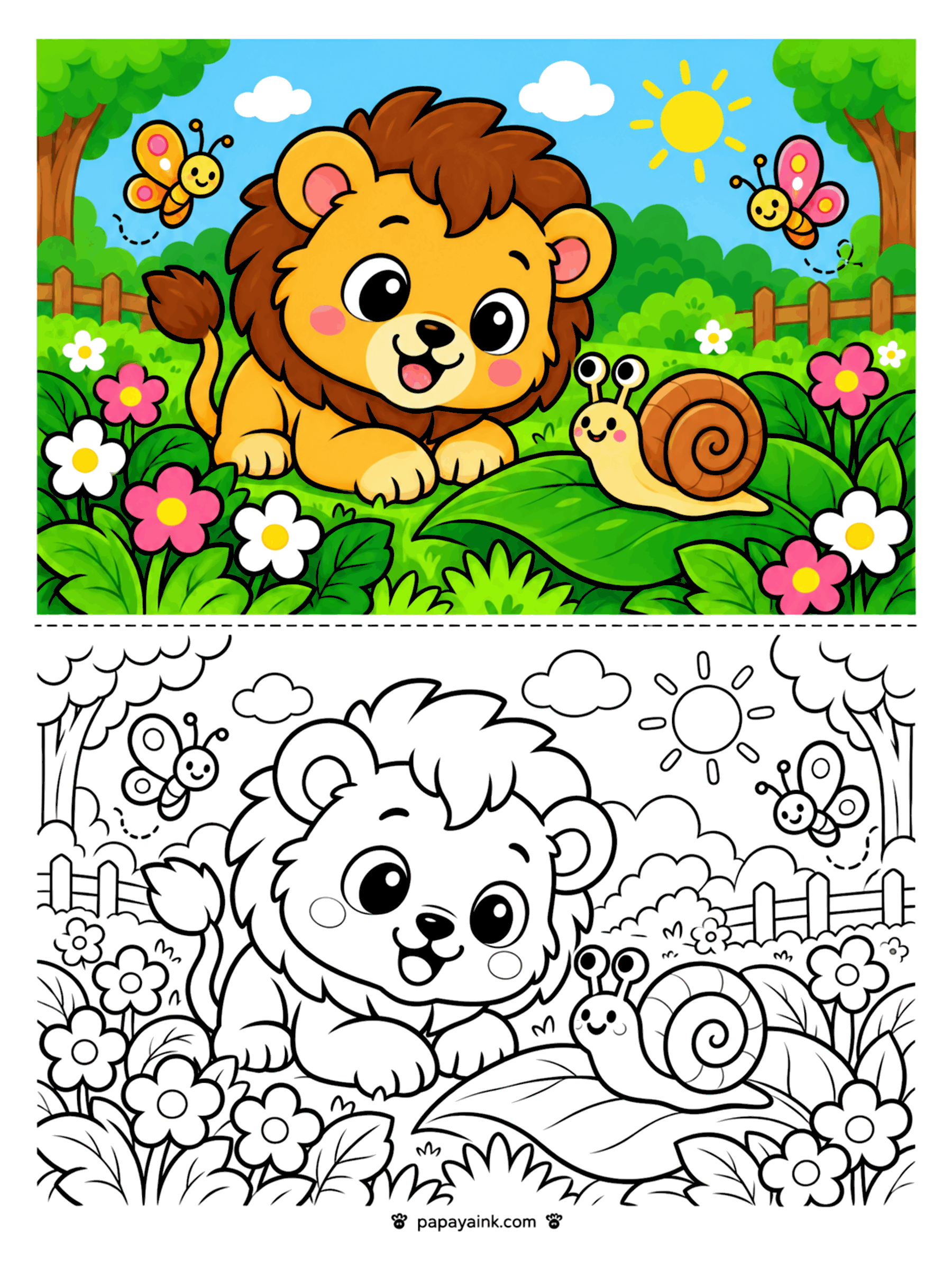 Lion Coloring Pages - Lion cub lying in the flowers face to face with a friendly snail on a big leaf