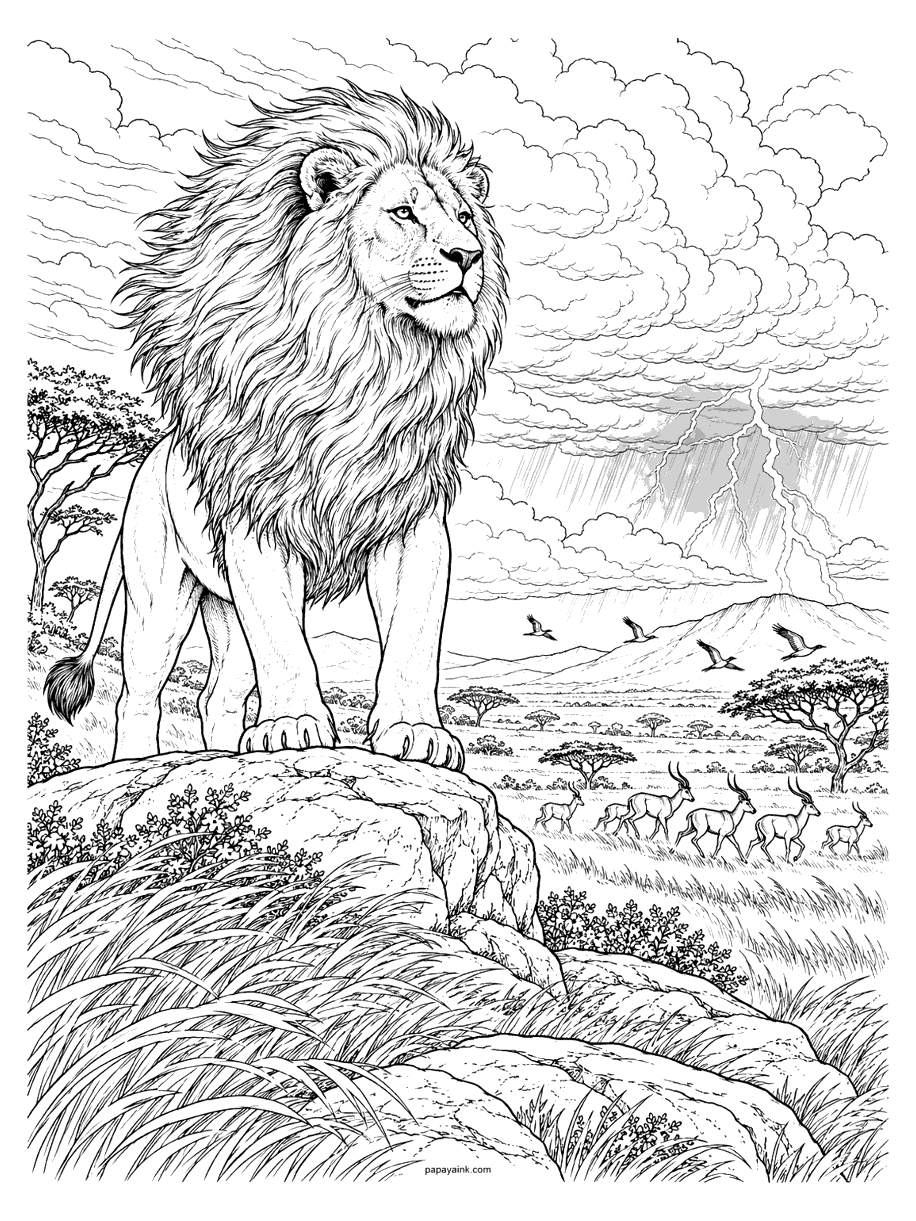 Lion Coloring Pages - Male lion on a rock with his mane blowing in the wind as lightning and rain roll in over the savanna and gazelles run for cover (Detailed)