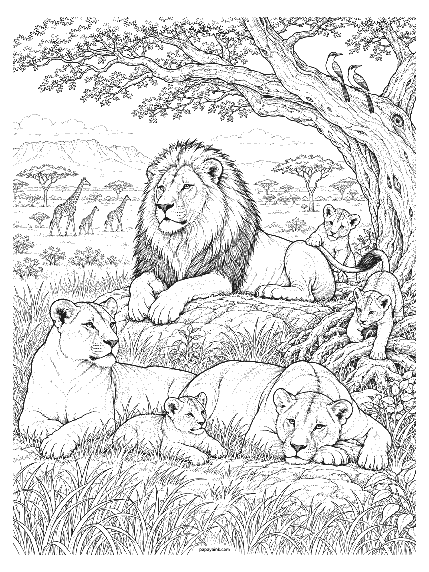 Lion Coloring Pages - Lion pride resting in the shade of a big acacia tree: a male on a rock, two lionesses, and cubs climbing the roots, with giraffes on the plain (Detailed)