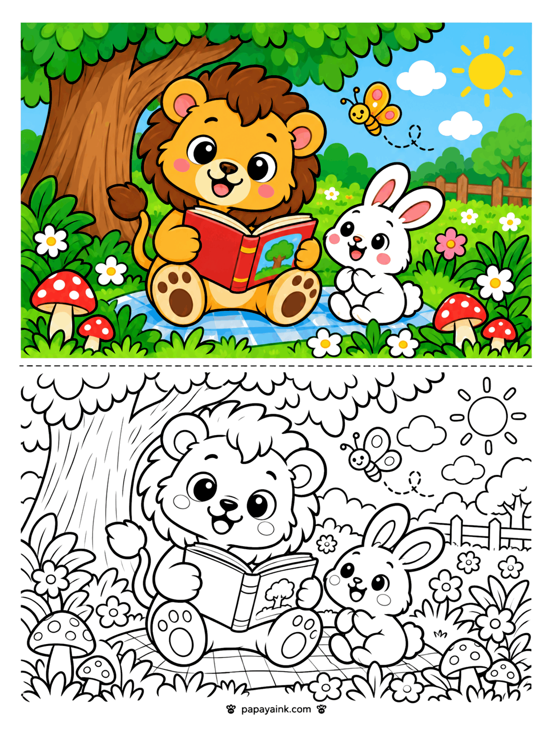 Lion Coloring Pages - Lion cub reading a storybook to a bunny under a big tree with toadstools and flowers (Detailed)