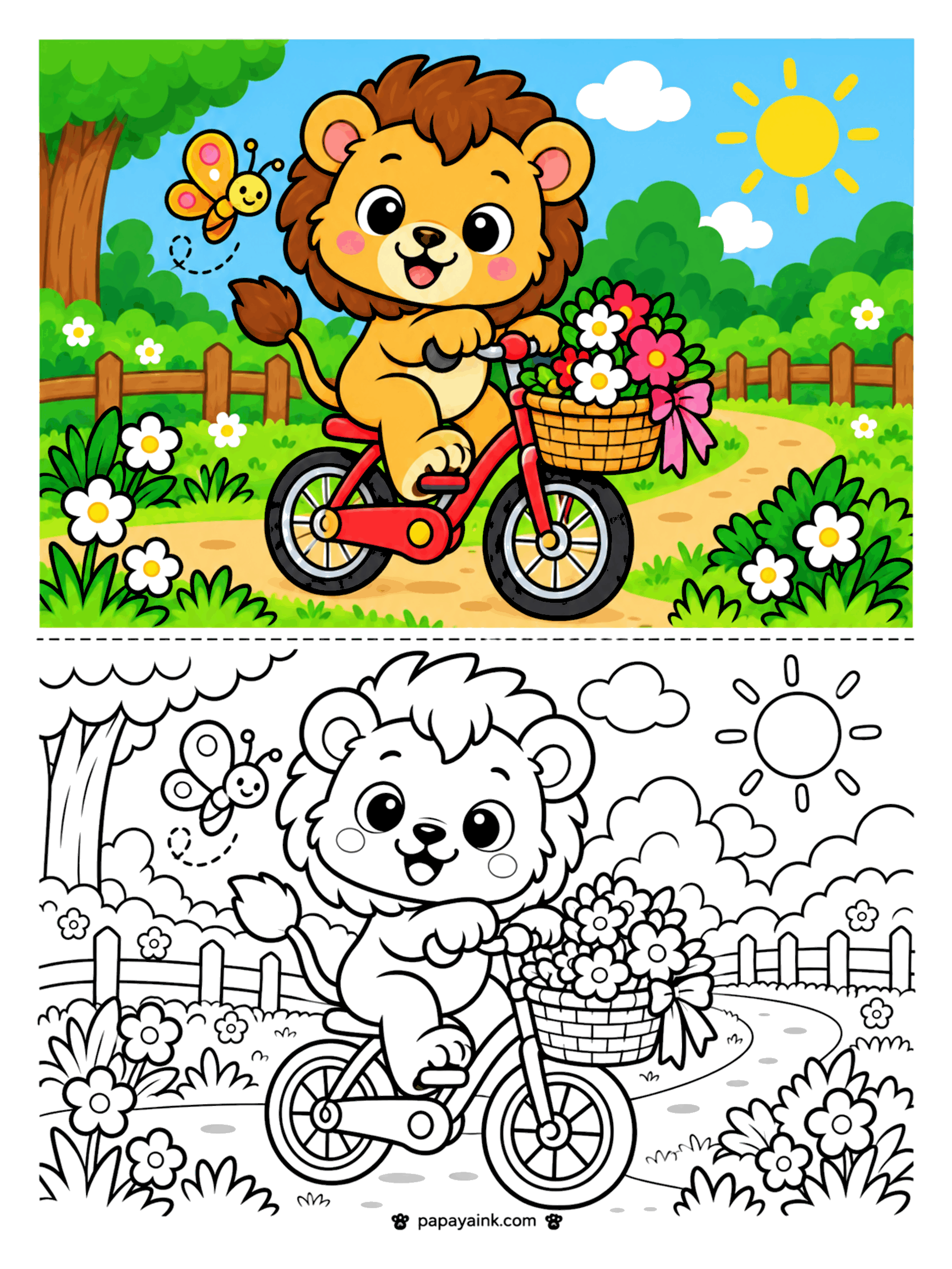 Lion Coloring Pages - Lion cub riding a bicycle with a basket of flowers along a garden path
