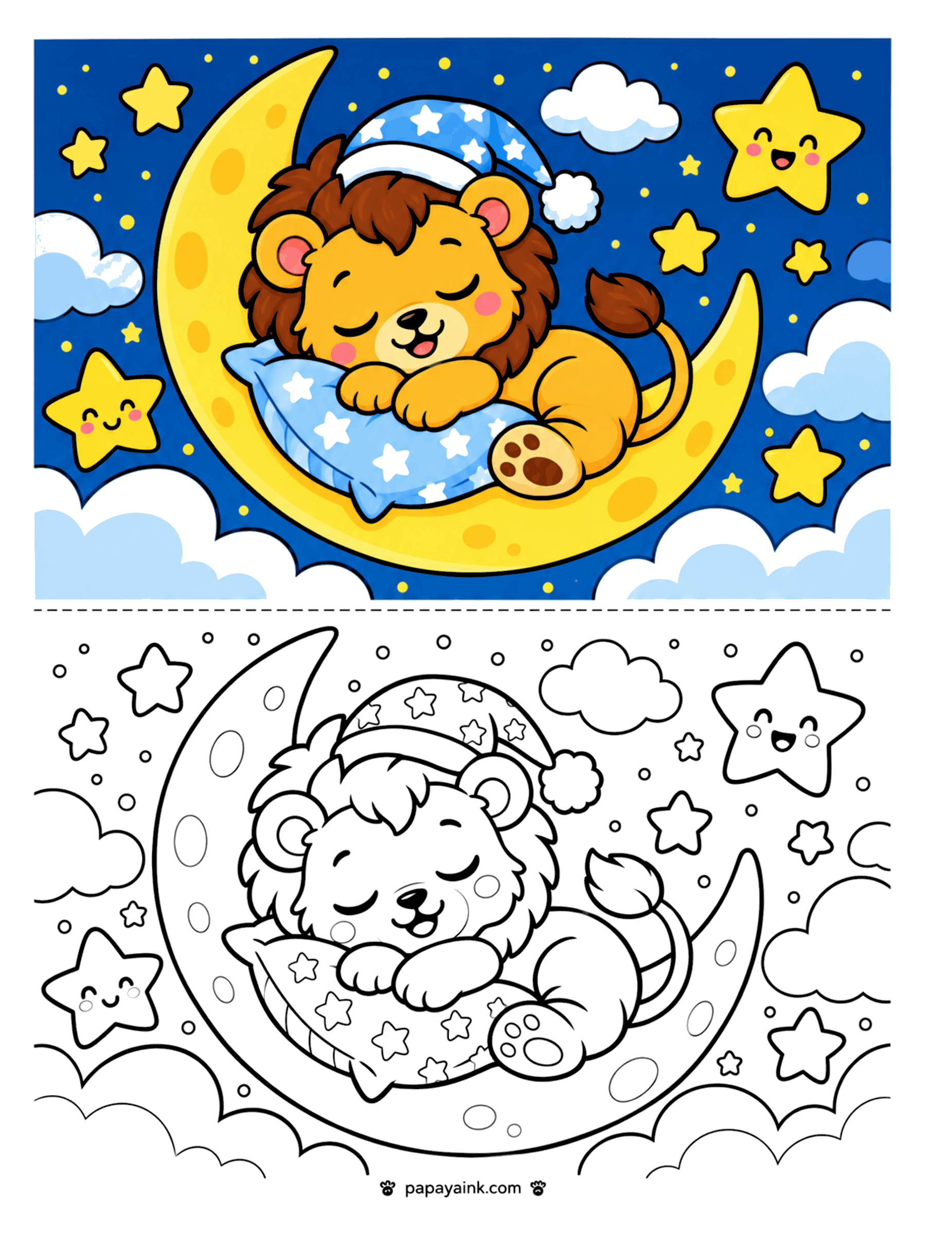 Lion Coloring Pages - Lion cub in a nightcap sleeping on a star pillow curled up on the crescent moon among smiling stars