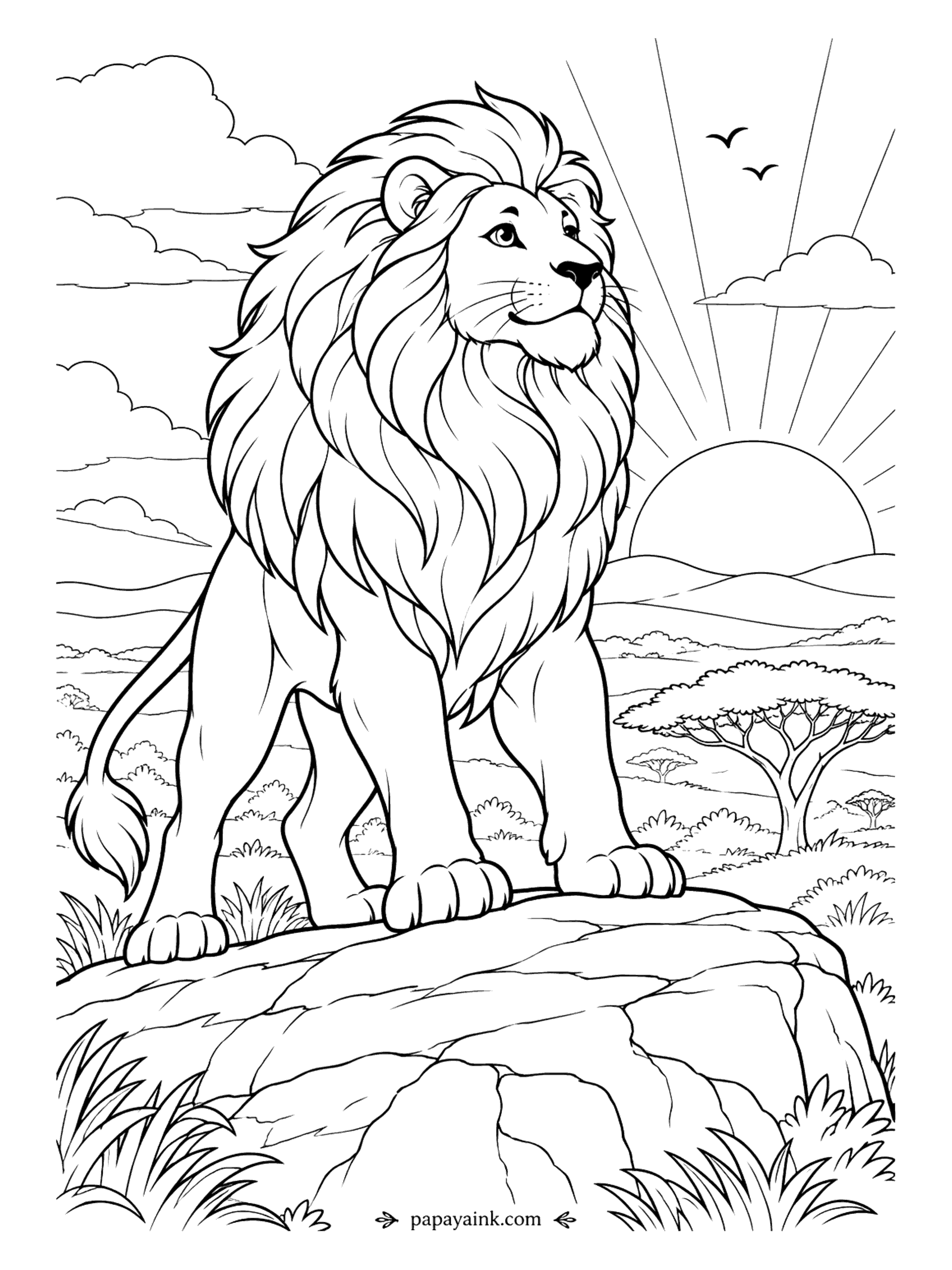 Lion Coloring Pages - The sun is barely over the hills and he is already on the tallest rock, checking that the savanna is where he left it. Detailed - long mane locks, cracked stone and acacia trees all the way to the horizon.