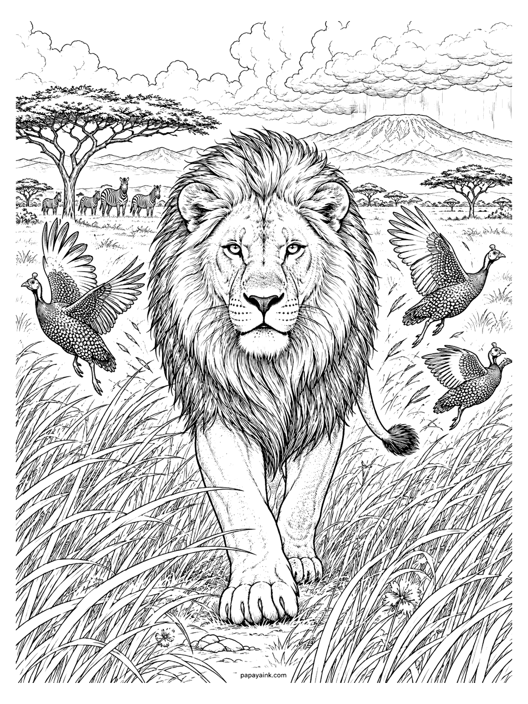 Lion Coloring Pages - Male lion walking straight toward you through tall savanna grass as guinea fowl burst into flight, with zebras and a rain cloud over the mountain (Detailed)