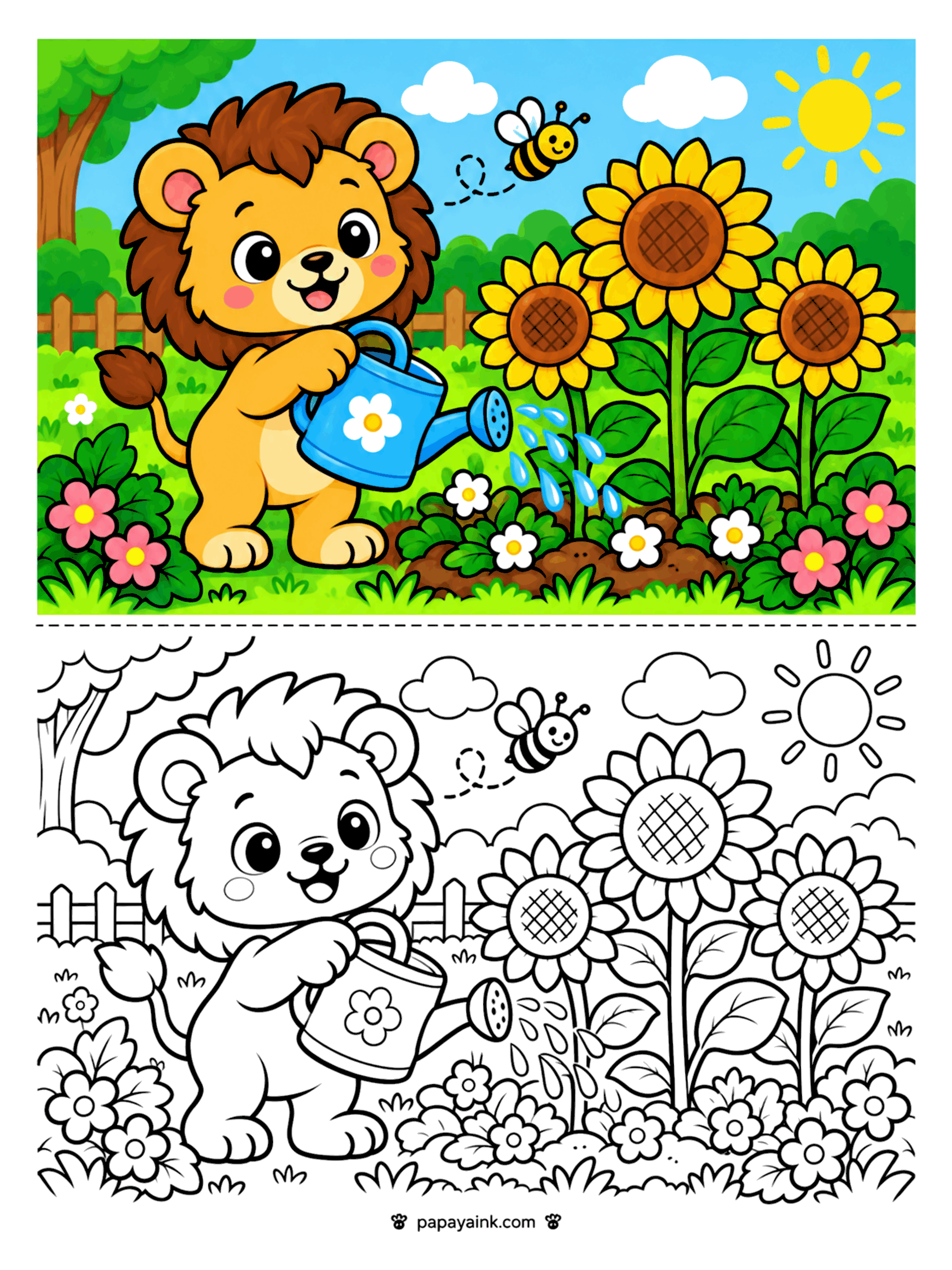 Lion Coloring Pages - Lion cub watering tall sunflowers with a flower watering can while a bee flies by (Detailed)