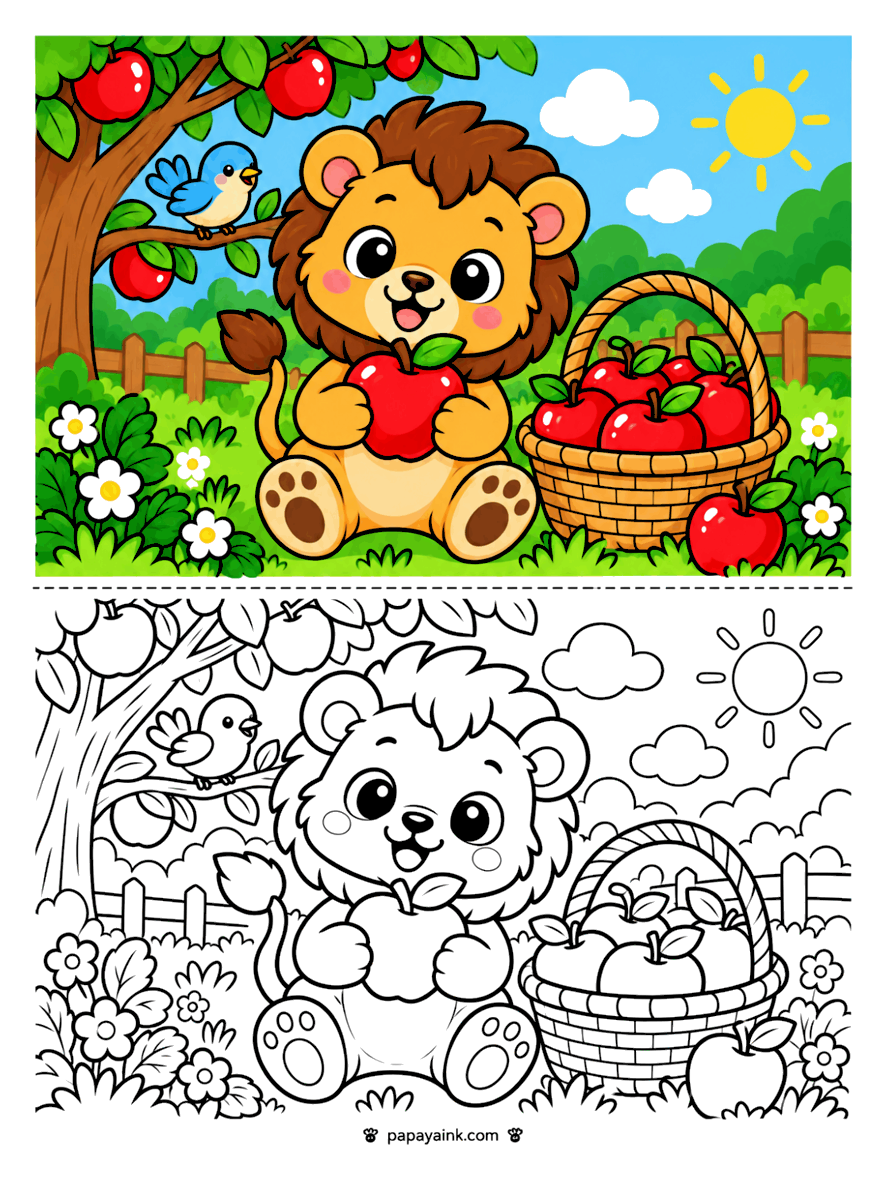 Lion Coloring Pages - Lion cub holding an apple beside a basket of apples under an apple tree with a bluebird