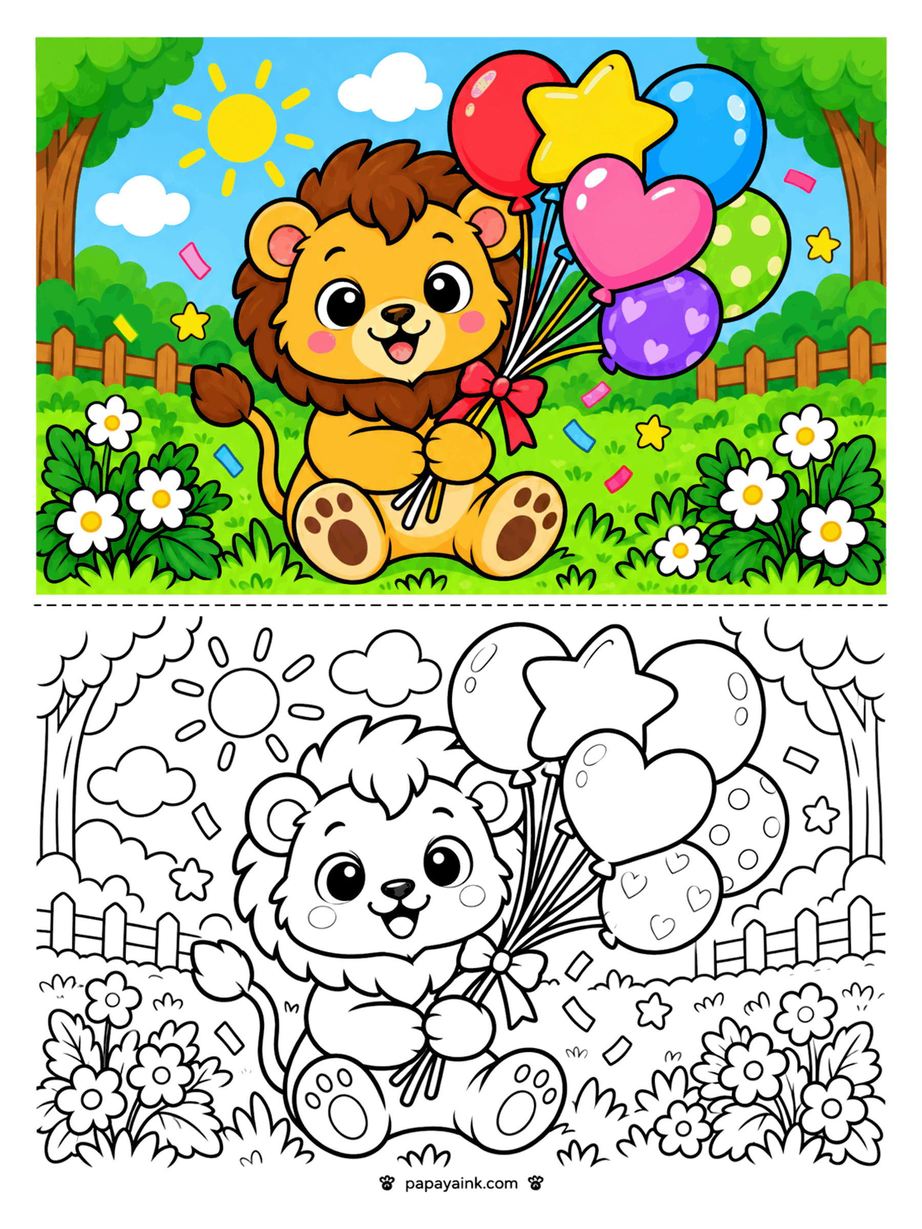 Lion Coloring Pages - Lion cub holding a bunch of party balloons - star, heart, and polka dot - with confetti falling in the garden