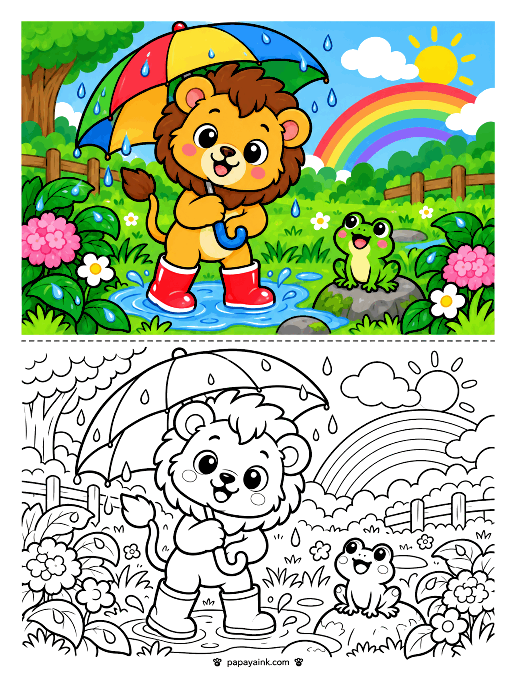 Lion Coloring Pages - Lion cub in rain boots with a rainbow umbrella splashing in a puddle next to a frog under a rainbow (Detailed)