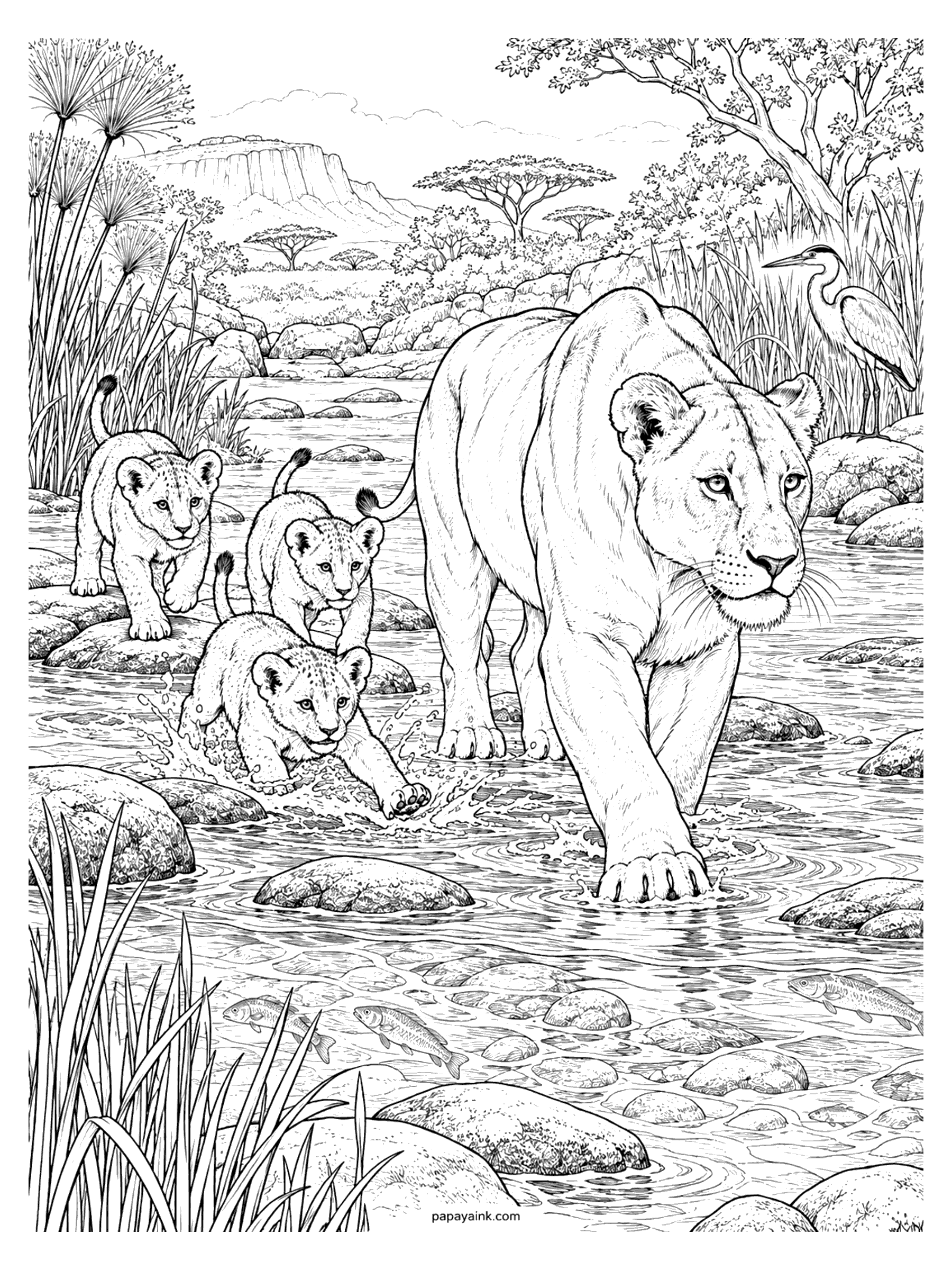 Lion Coloring Pages - Lioness wading across a shallow rocky river with three cubs splashing behind her, fish under the water and a heron in the reeds (Detailed)