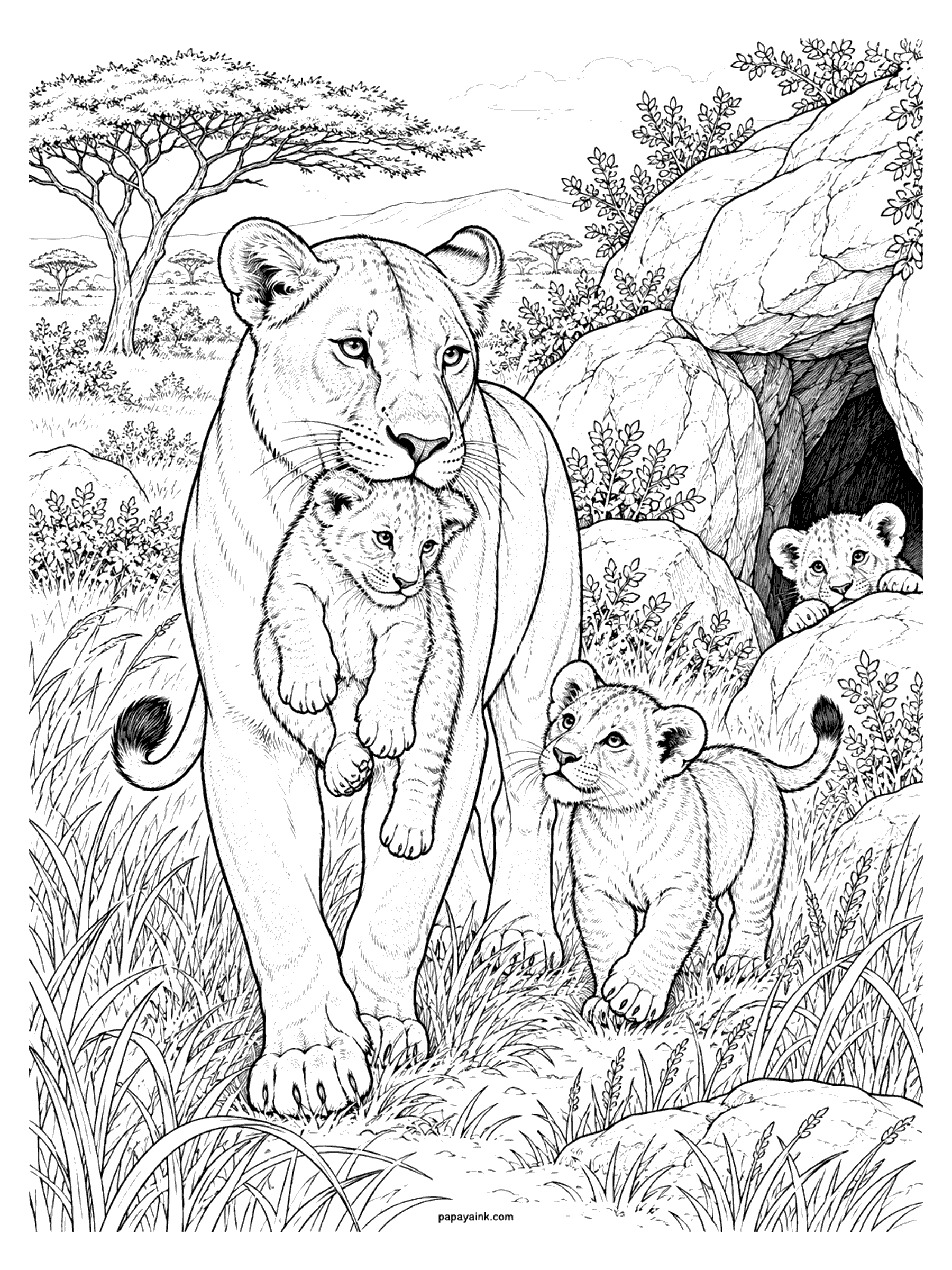 Lion Coloring Pages - Realistic lioness carrying a cub by the scruff past a rocky den while one cub trots beside her and another peeks out from the cave (Detailed)