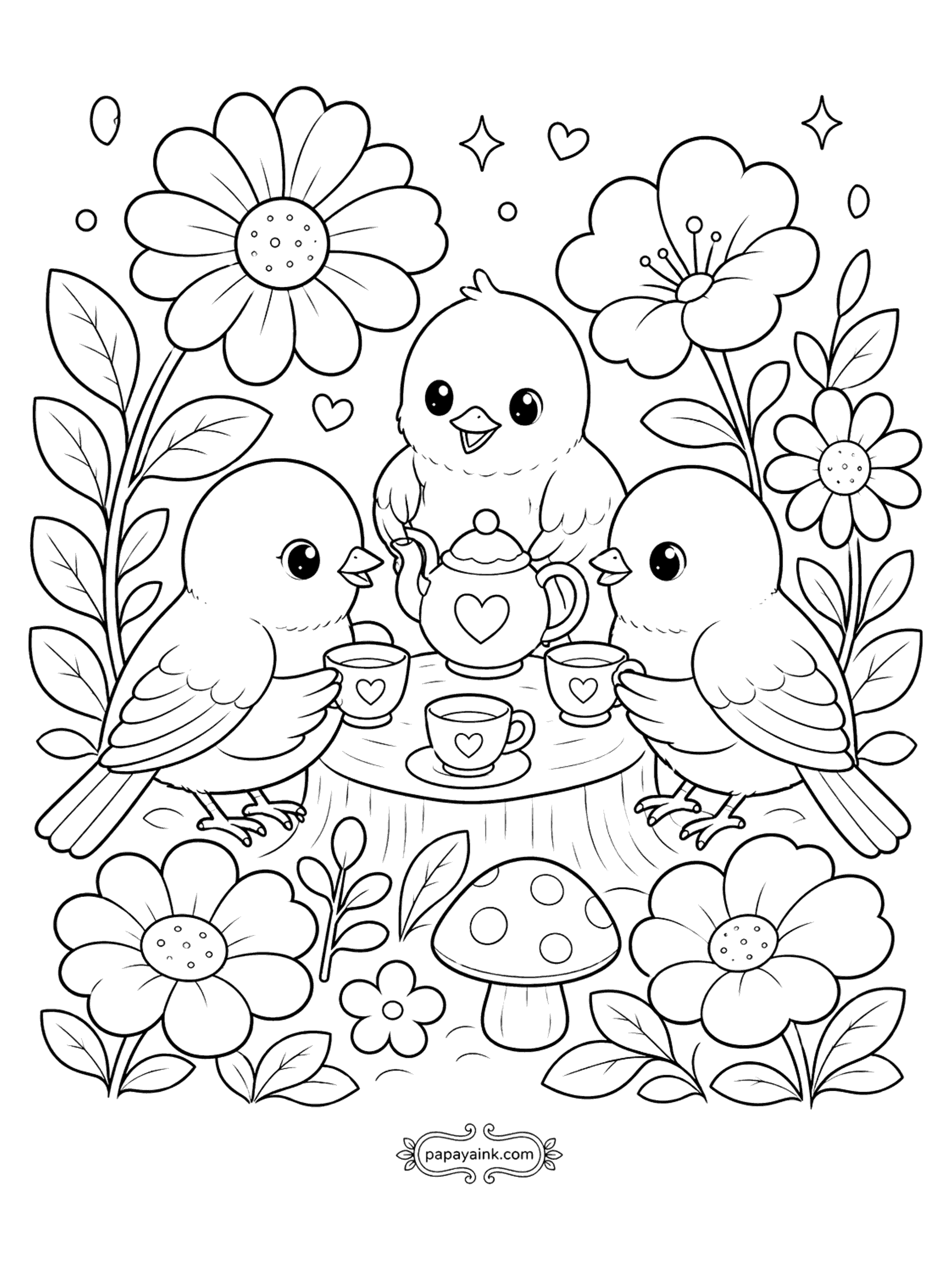 Bird Coloring Pages - Little Birds Having a Tea Party