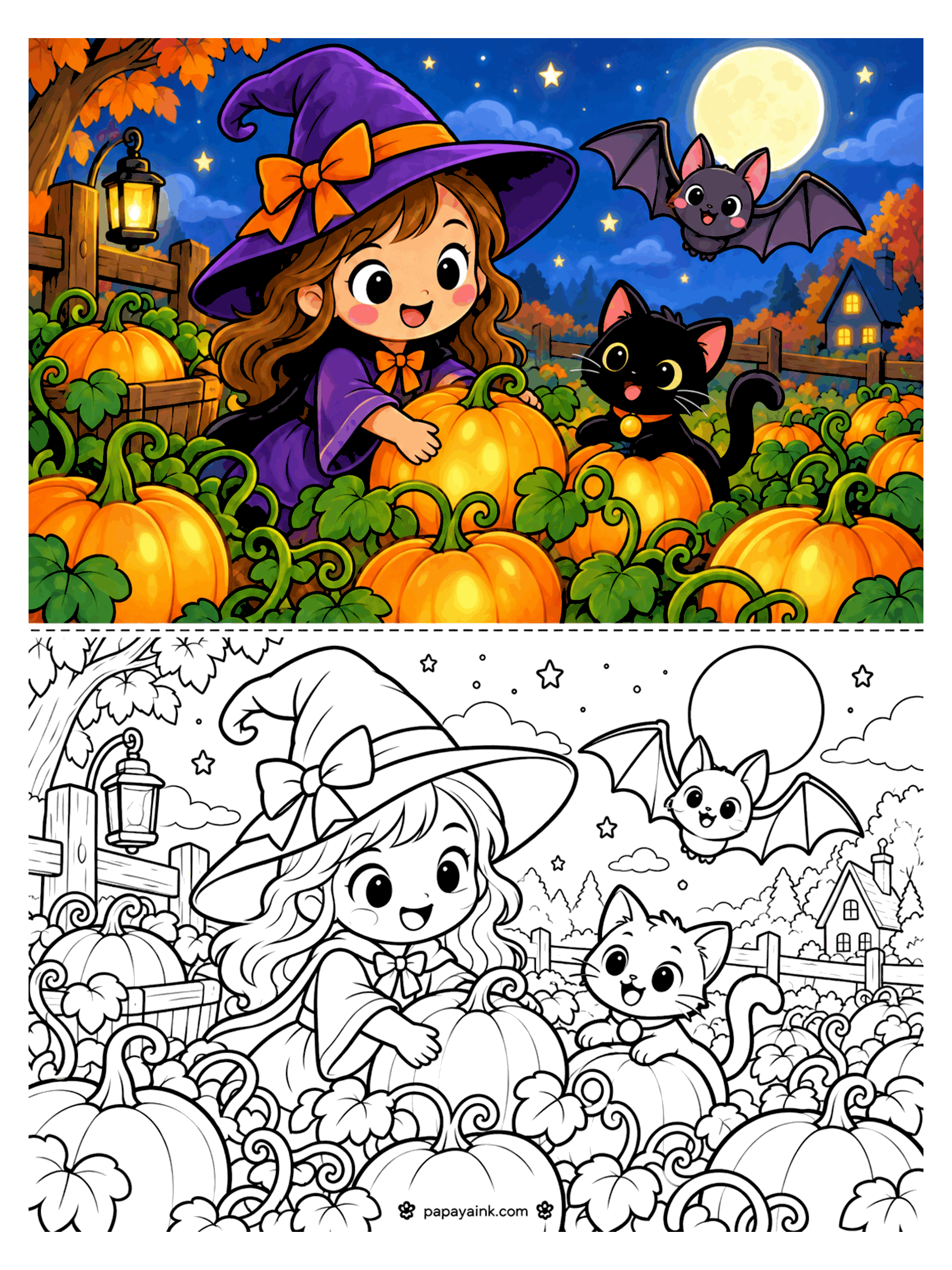 Pumpkin Coloring Pages - A young witch in a purple hat with an orange bow picks a pumpkin in a moonlit patch while a black cat and a bat keep her company.