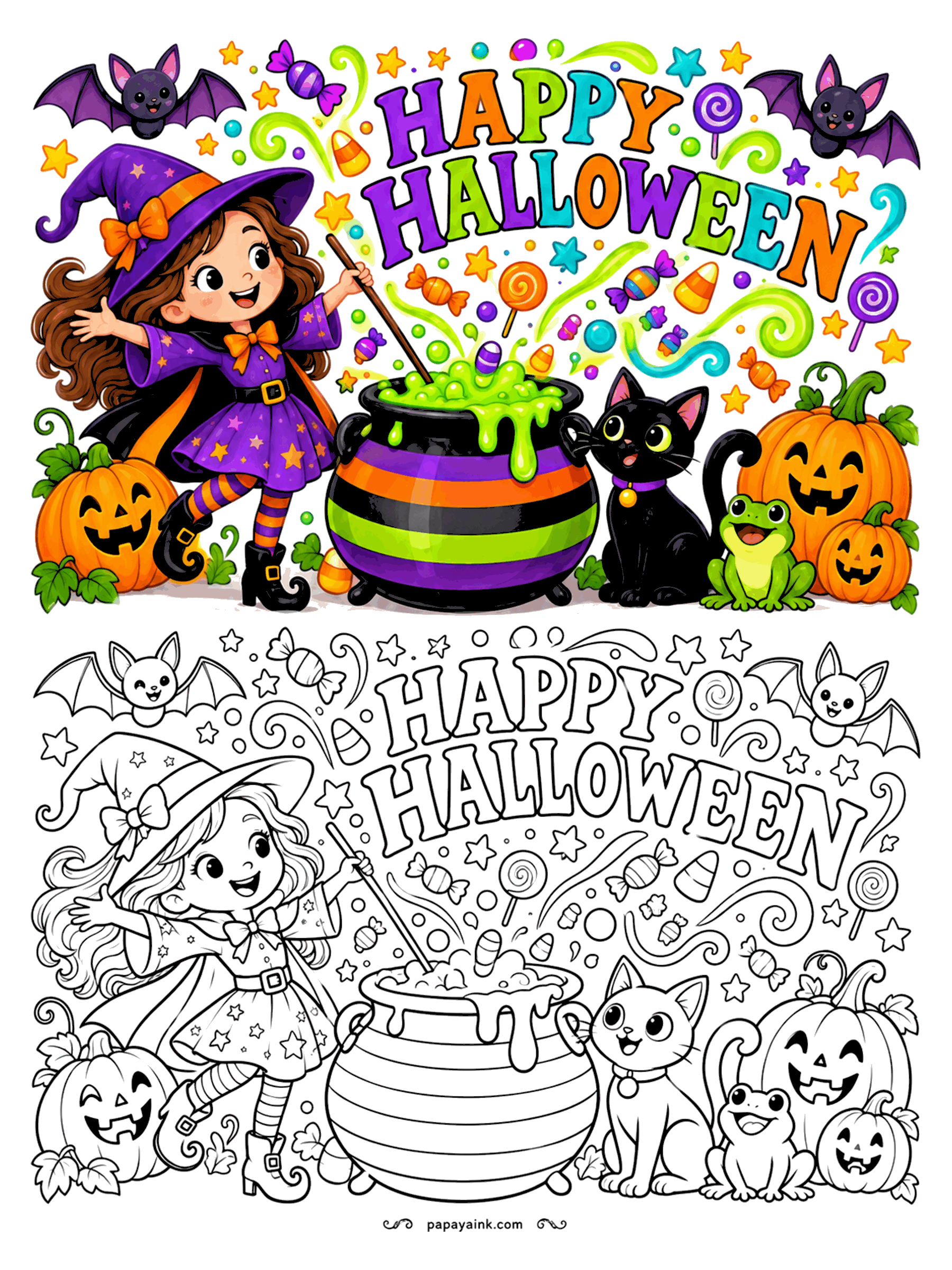 Halloween Coloring Pages - A giggling little witch stirs a striped cauldron of green bubbles as candy, stars and swirls fly out around her black cat and a frog.