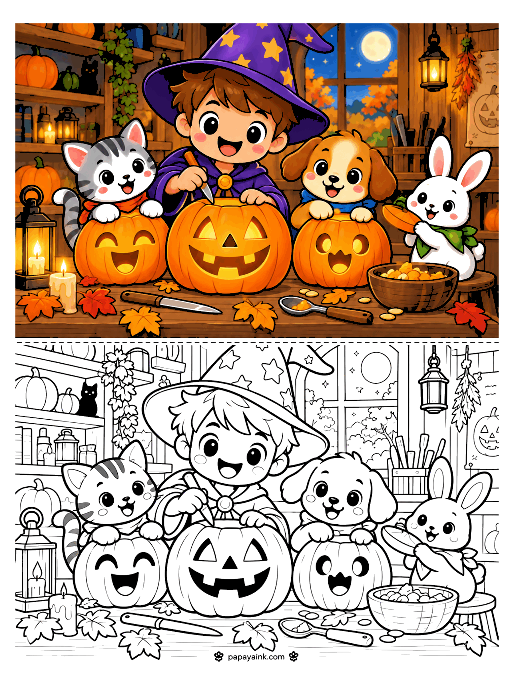 Pumpkin Coloring Pages - A boy in a star-covered wizard hat carves a jack-o'-lantern at a candlelit workbench while a kitten, a puppy, and a bunny help with their own pumpkins. Detailed.