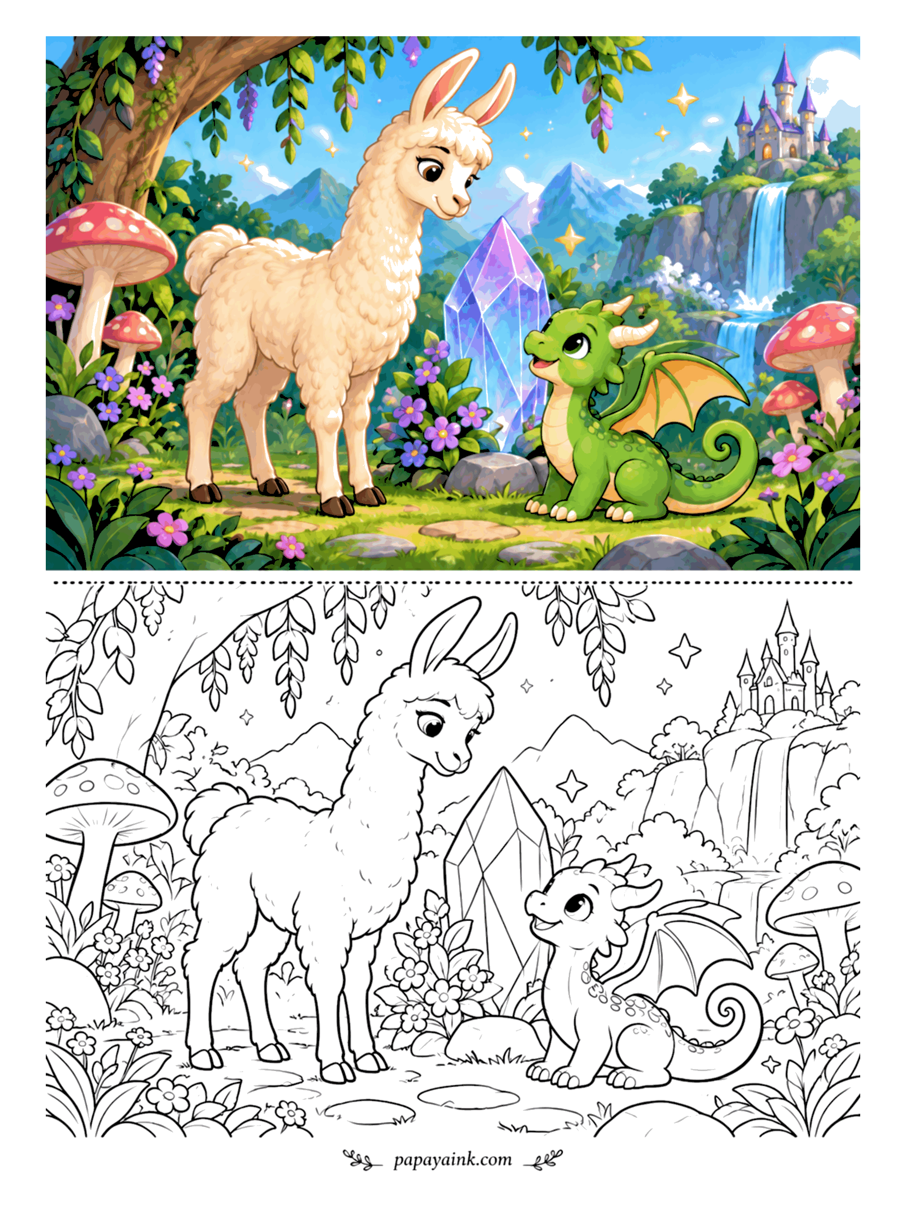 Llama Coloring Pages - A baby dragon has hatched somewhere near the crystals, and a llama is the first face it sees. Toadstools, hanging vines, a waterfall and a castle on the cliff fill out this fairy-tale valley. Leave the crystal mostly white and tint only its edges.