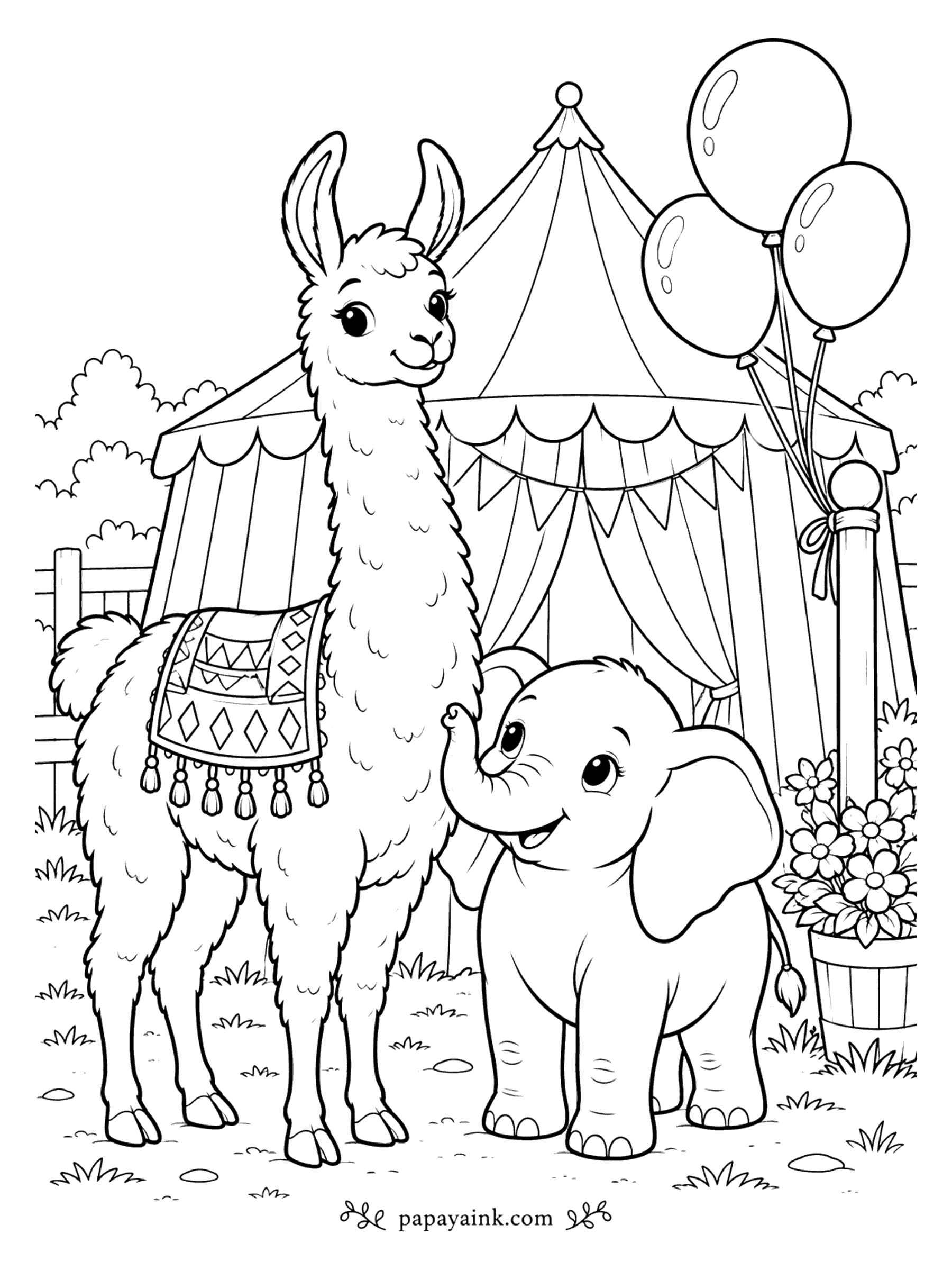 Llama Coloring Pages - Behind the big top, an elephant calf reaches up with its trunk to say hello, and the llama lowers its head for a polite introduction. Balloons are tied to a post and pots of flowers stand by the fence. The striped tent is an easy, satisfying fill.