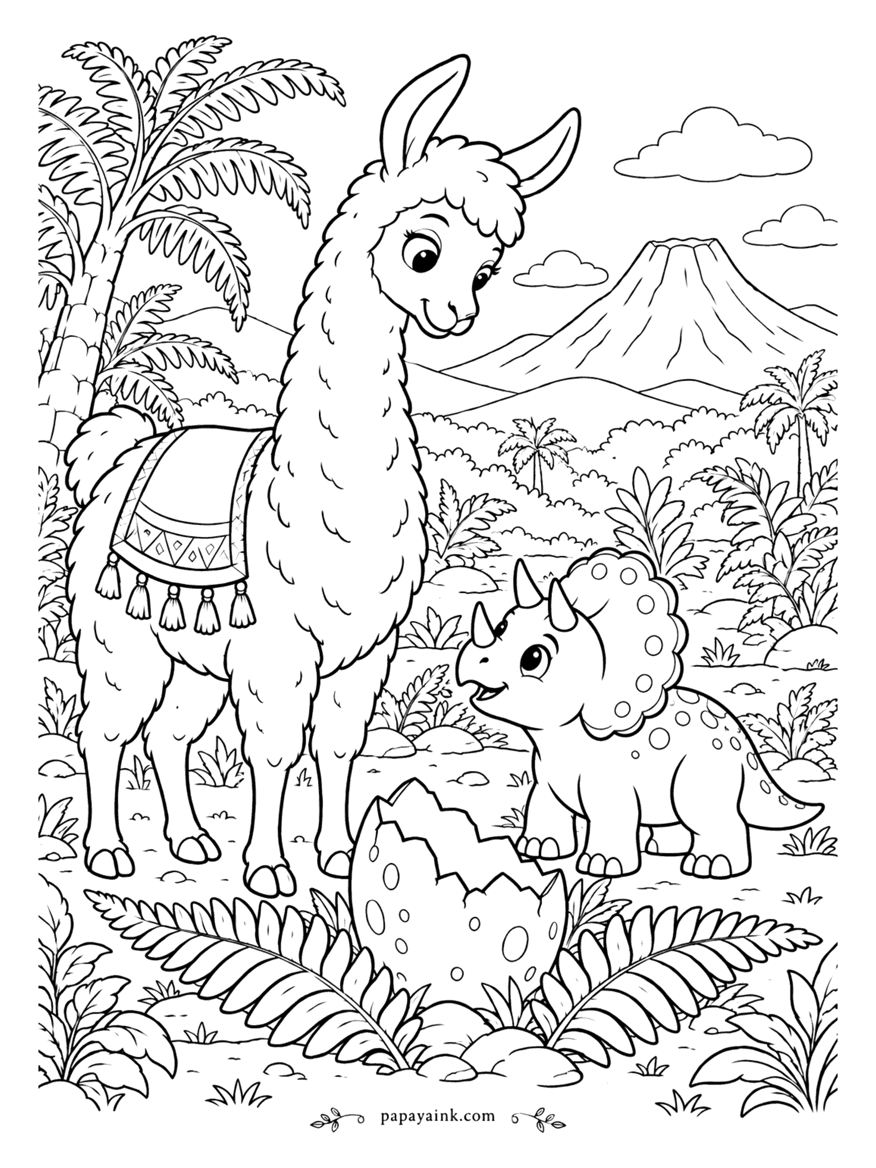 Llama Coloring Pages - The egg has cracked, and out came a baby triceratops with a spotted frill and plenty to say. The llama leans in for a closer look while a volcano rises beyond the palms. Ferns everywhere - detailed, but steady and relaxing work.