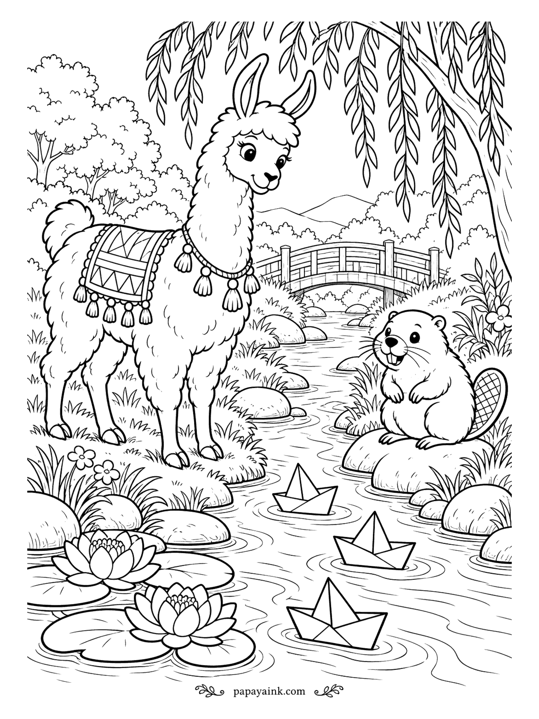 Llama Coloring Pages - Paper boat races on the creek, with a beaver as the official judge. The llama watches from the bank under a willow, water lilies crowd the shallows, and a wooden footbridge crosses behind them. White boats on gray-green water make a calm contrast.