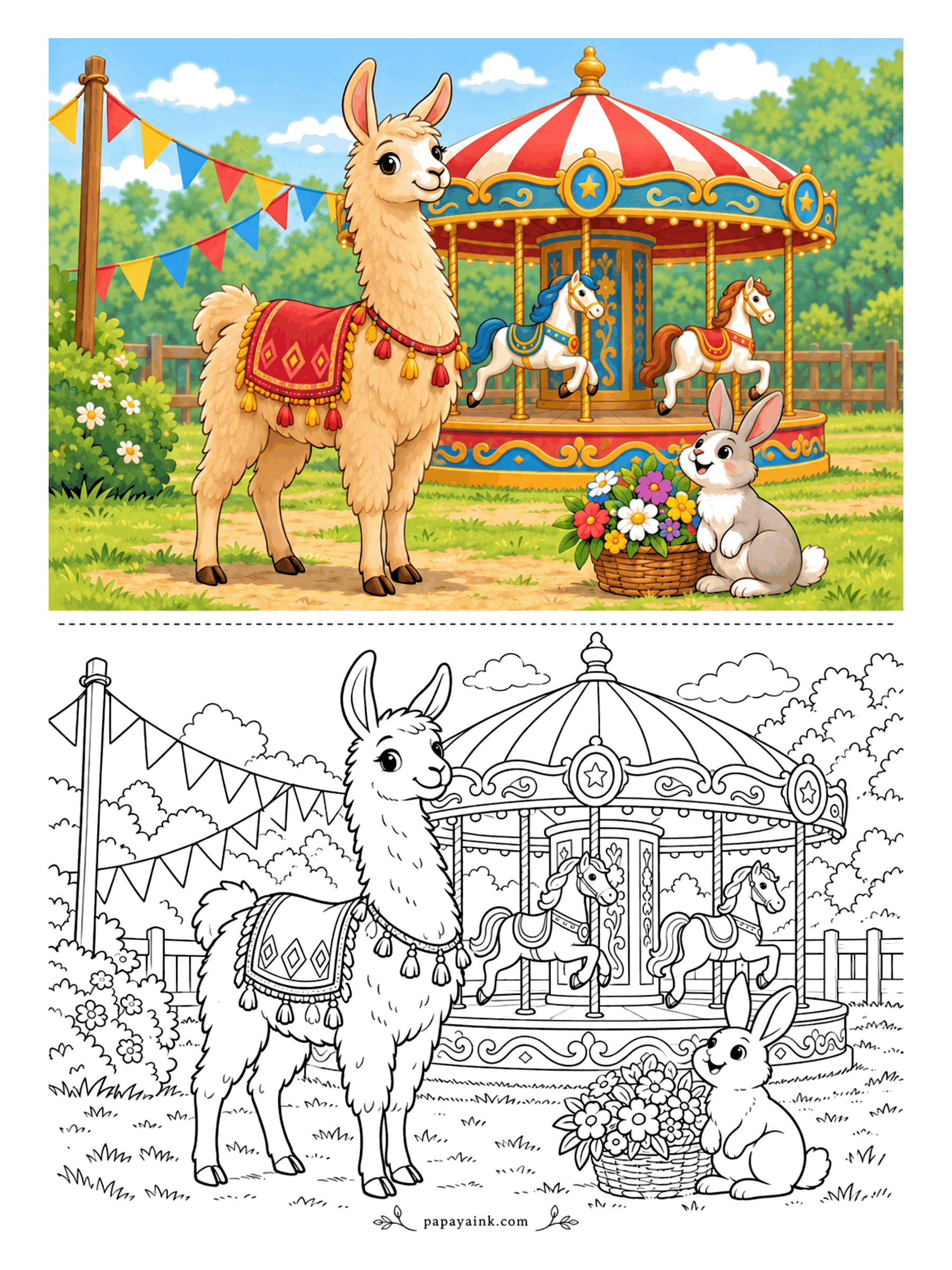 Llama Coloring Pages - Carousel horses have held this job for years, but the llama is clearly auditioning. A rabbit with a basket of flowers waits in the grass, and bunting runs from a tall pole toward the striped canopy. Detailed - ornate trim all around the carousel roof.