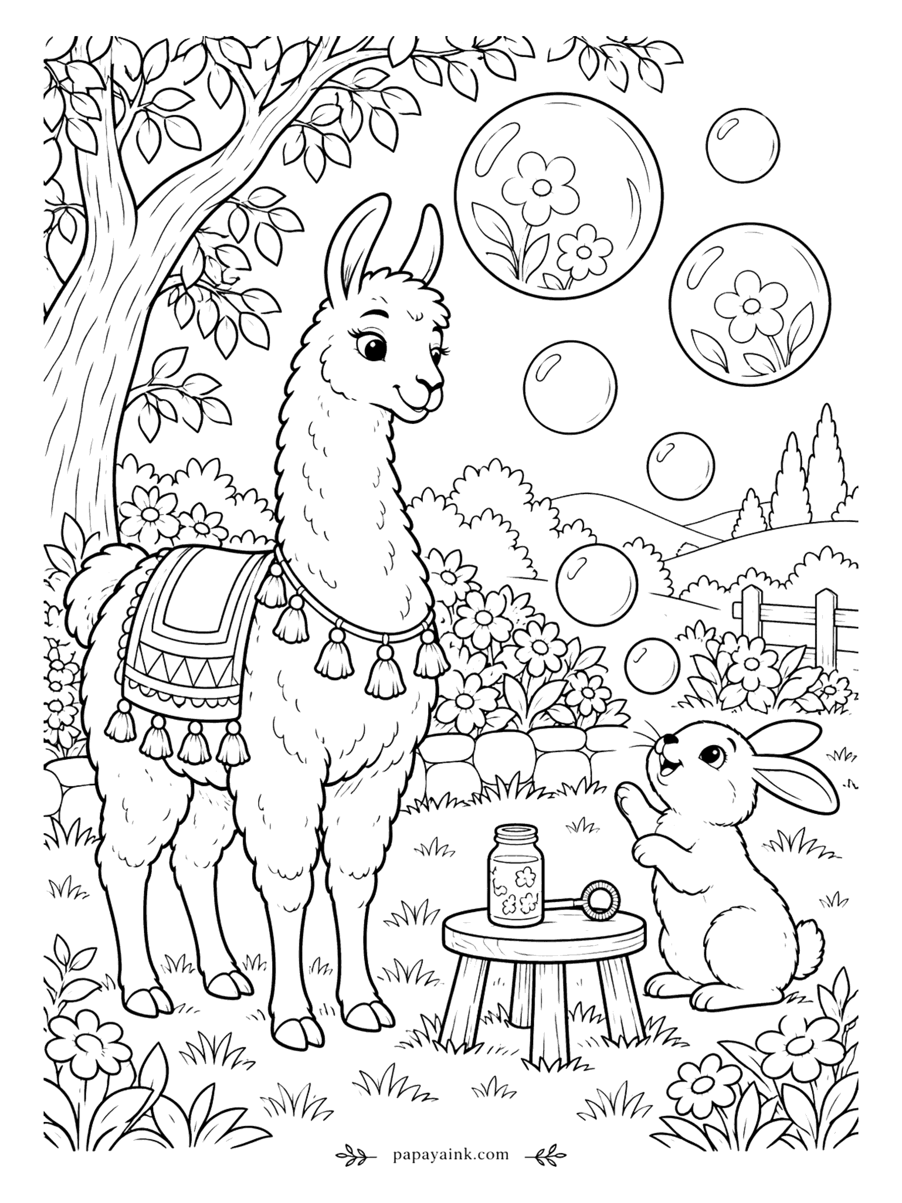 Llama Coloring Pages - A bubble with a flower inside floats past, and the bunny is determined to catch it. The llama watches from under the tree, too dignified to join in, beside a jar of bubble mix on a stool. Give the bubbles a thin sheen of pink and lilac.